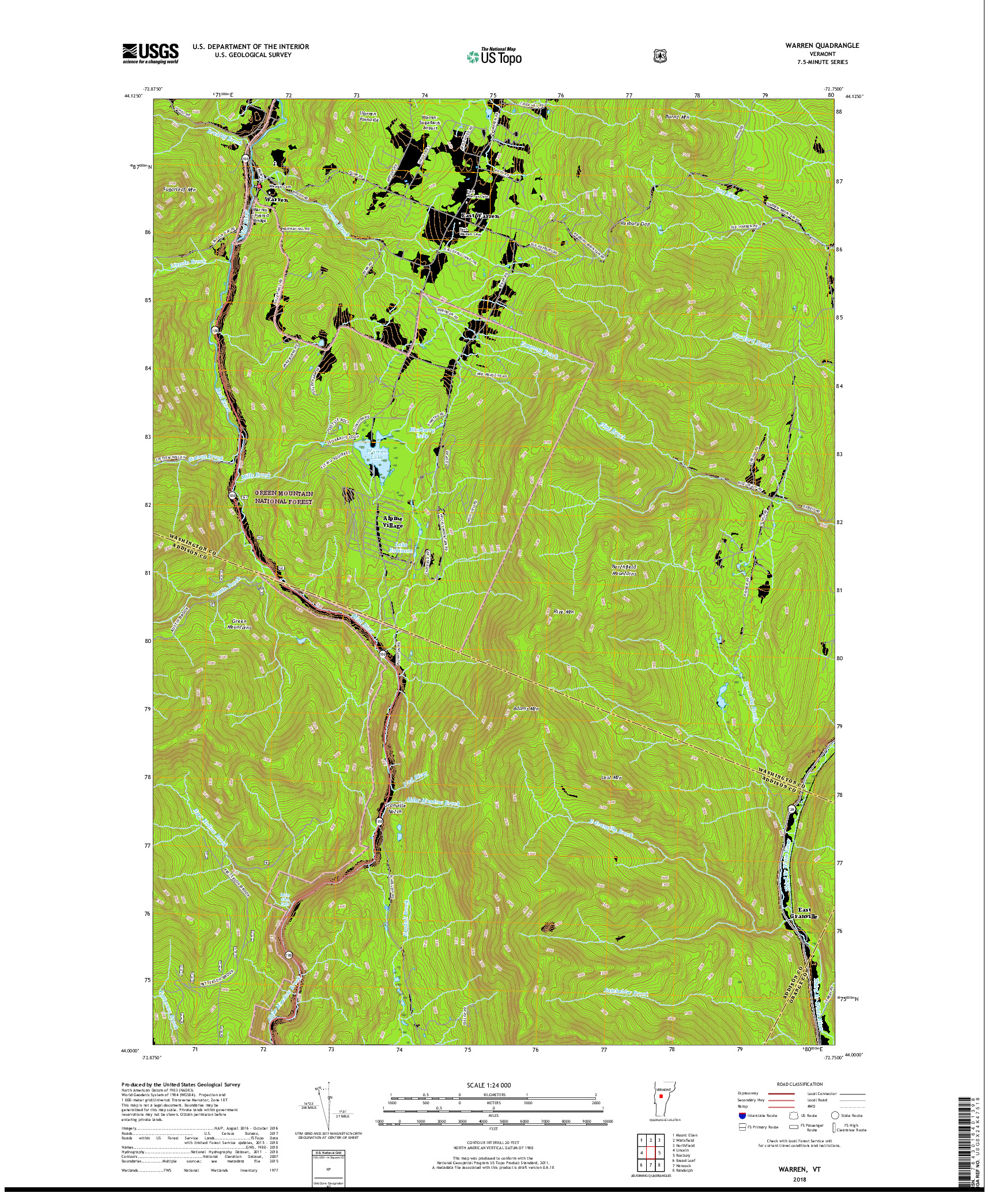 USGS US TOPO 7.5-MINUTE MAP FOR WARREN, VT 2018