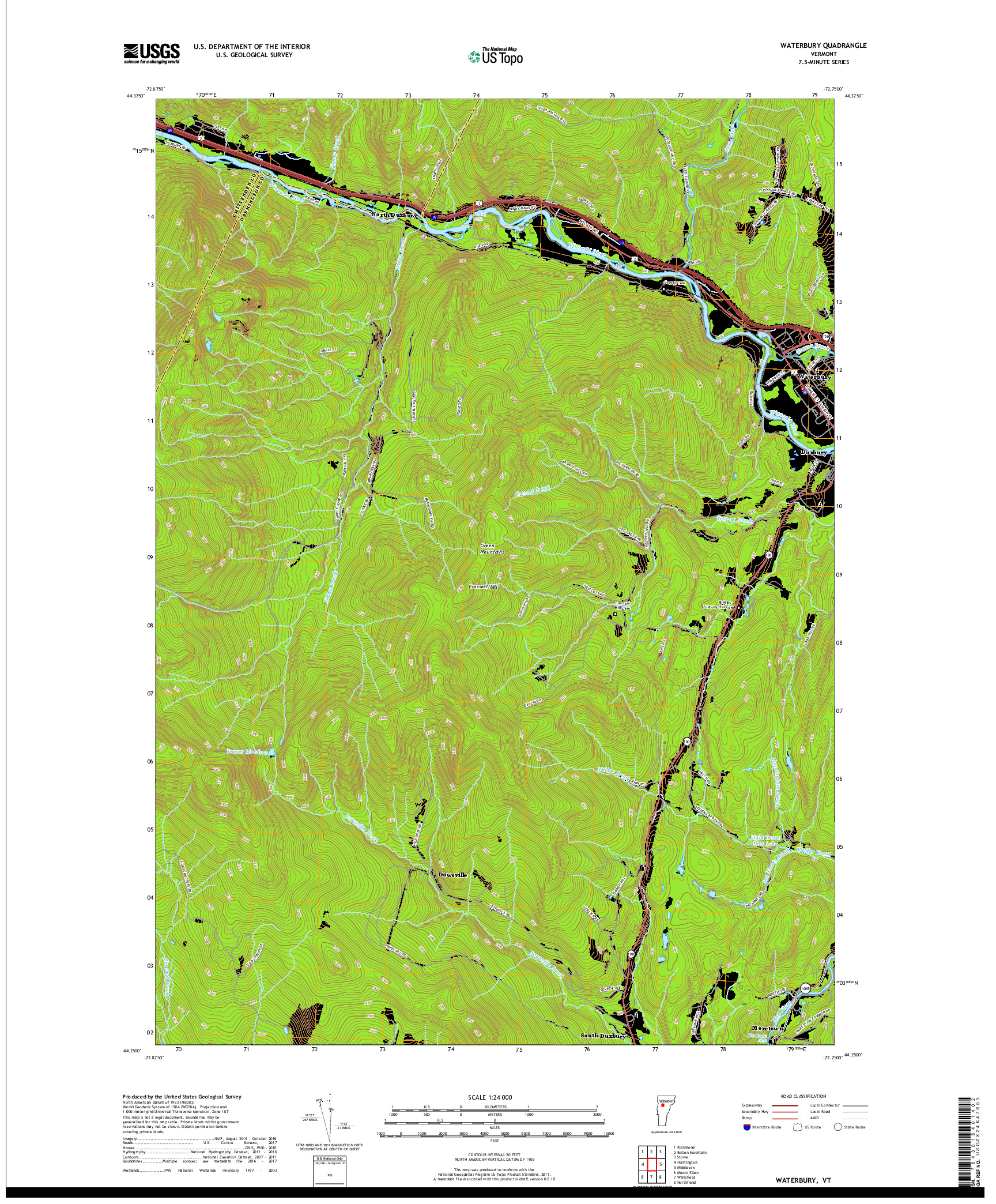 USGS US TOPO 7.5-MINUTE MAP FOR WATERBURY, VT 2018