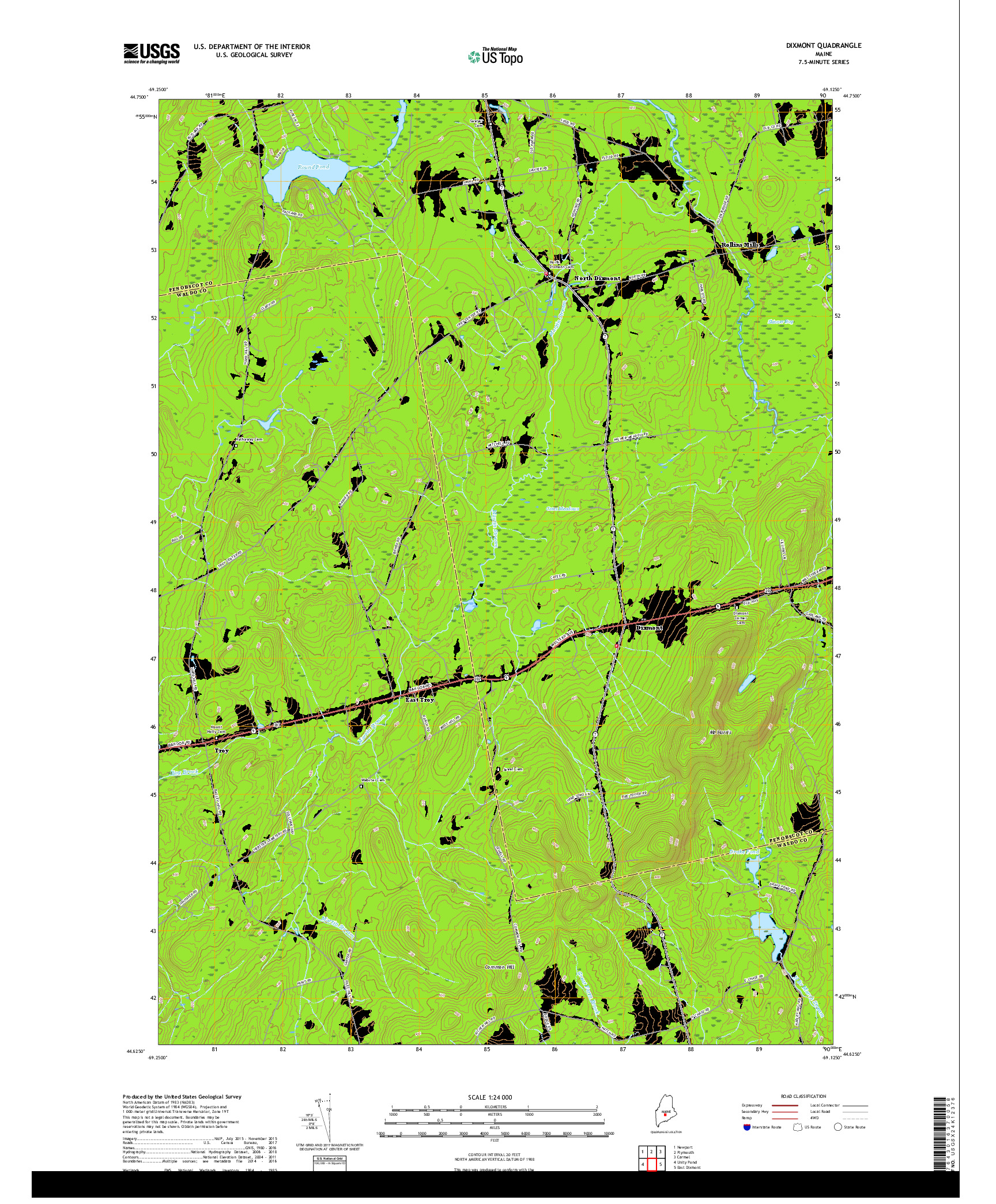 USGS US TOPO 7.5-MINUTE MAP FOR DIXMONT, ME 2018