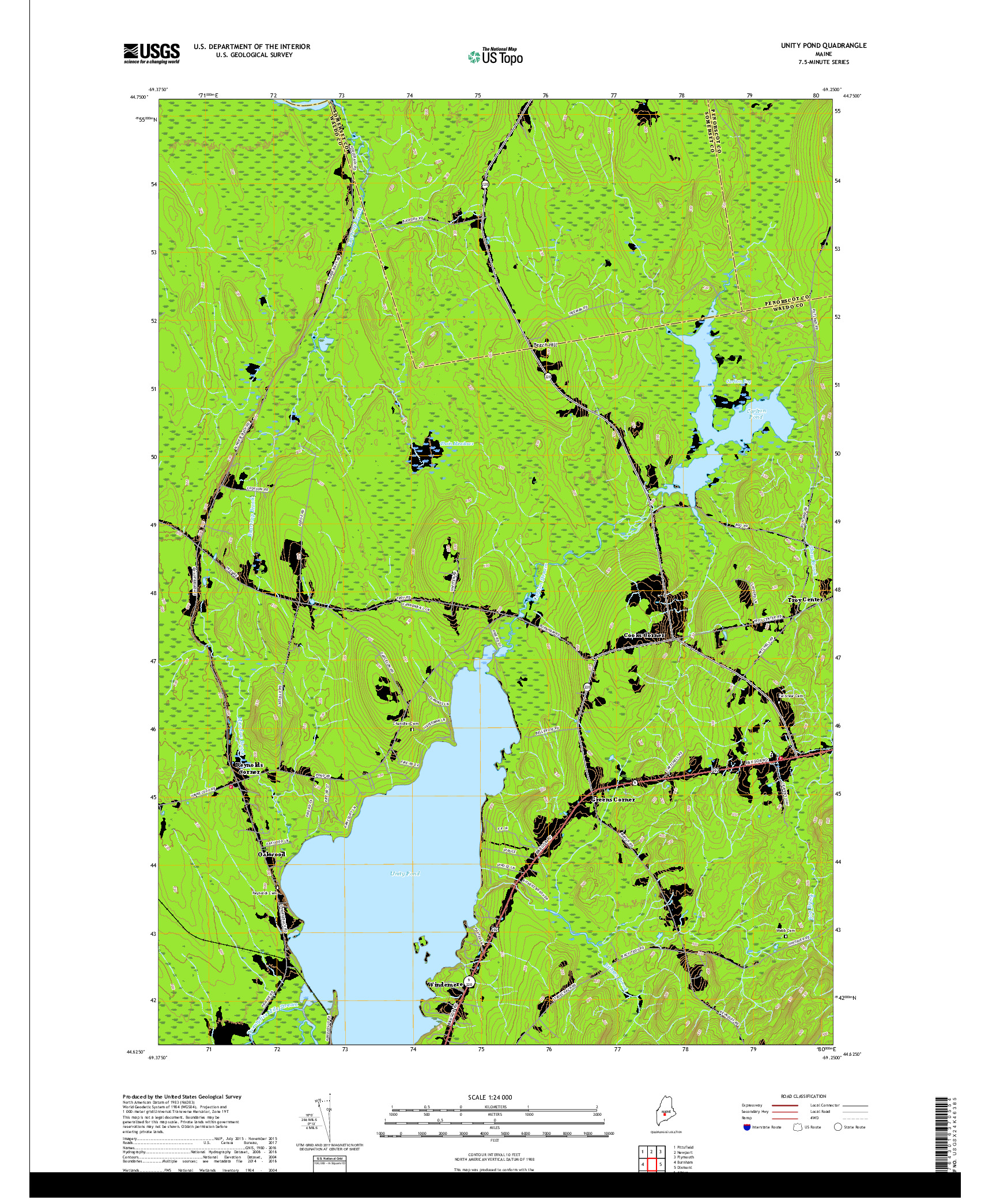 USGS US TOPO 7.5-MINUTE MAP FOR UNITY POND, ME 2018