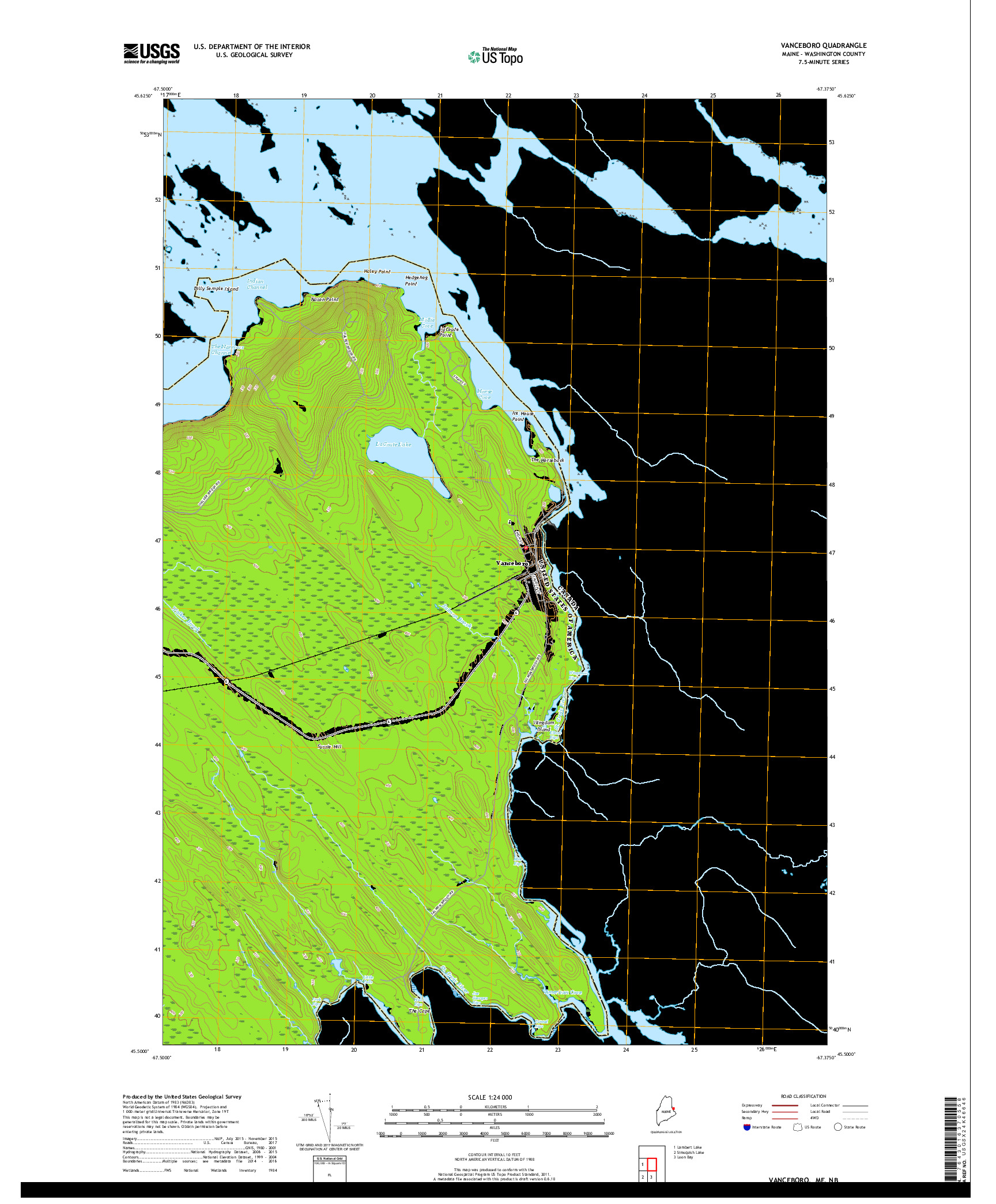USGS US TOPO 7.5-MINUTE MAP FOR VANCEBORO, ME,NB 2018