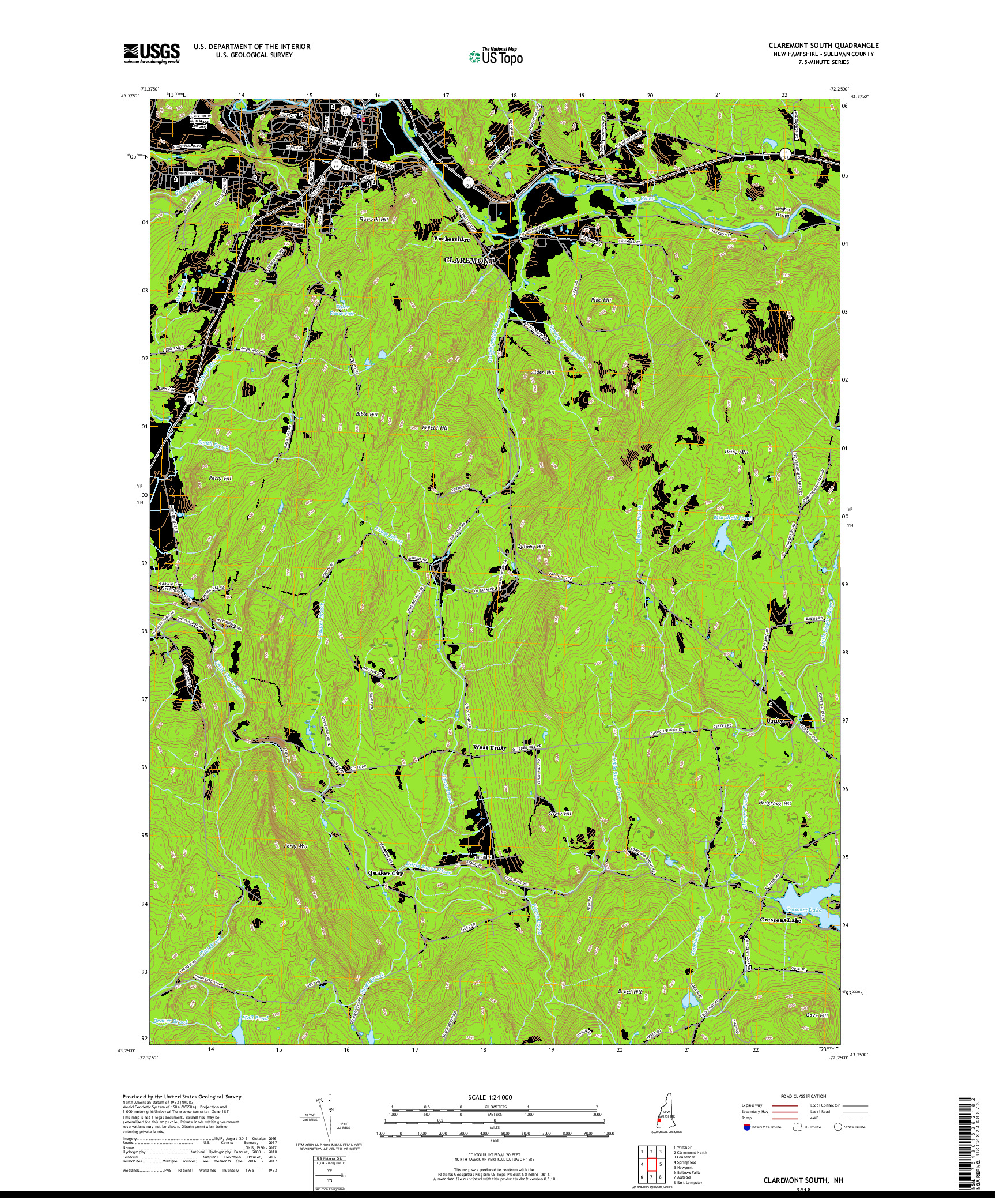 USGS US TOPO 7.5-MINUTE MAP FOR CLAREMONT SOUTH, NH 2018