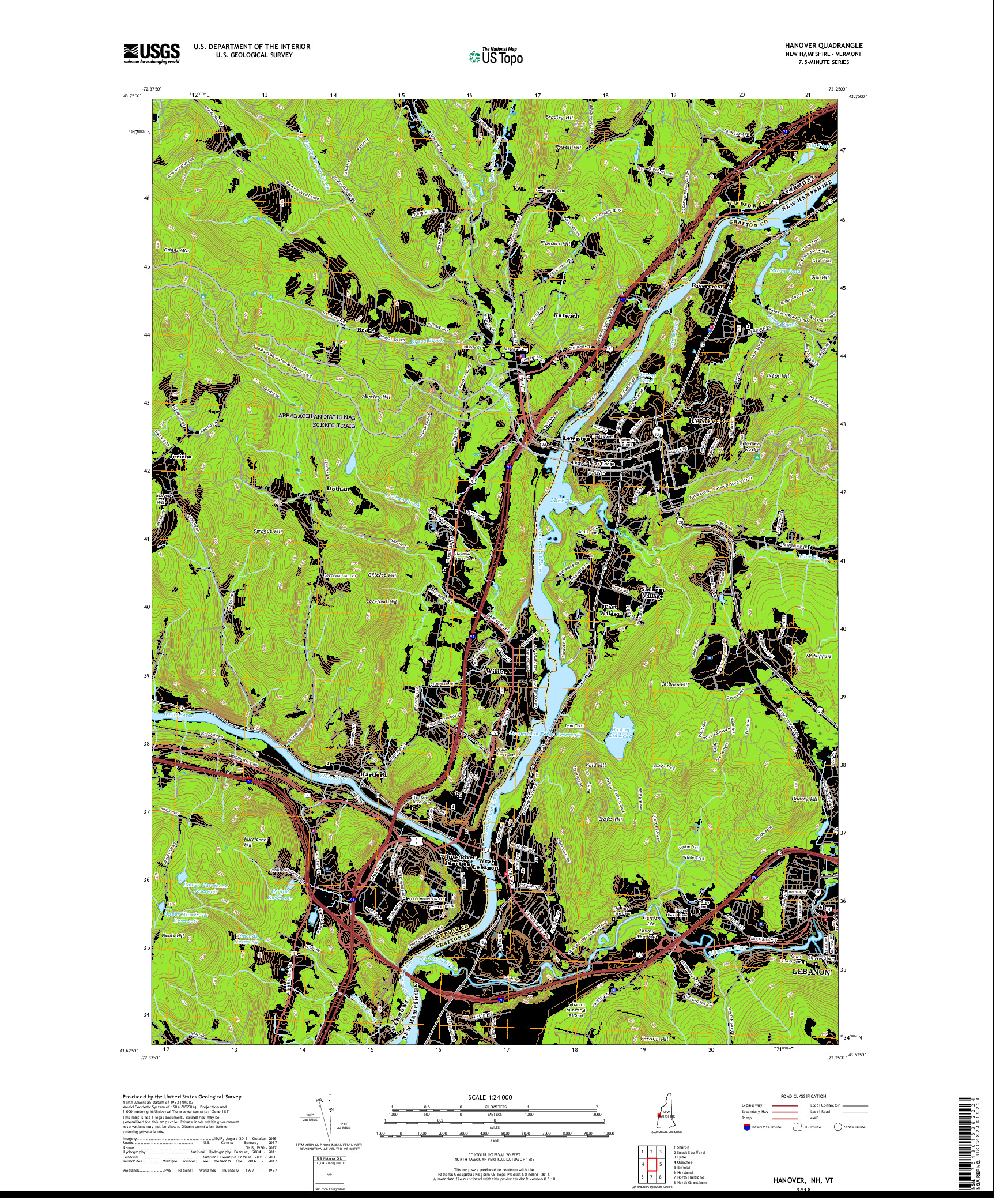 USGS US TOPO 7.5-MINUTE MAP FOR HANOVER, NH,VT 2018