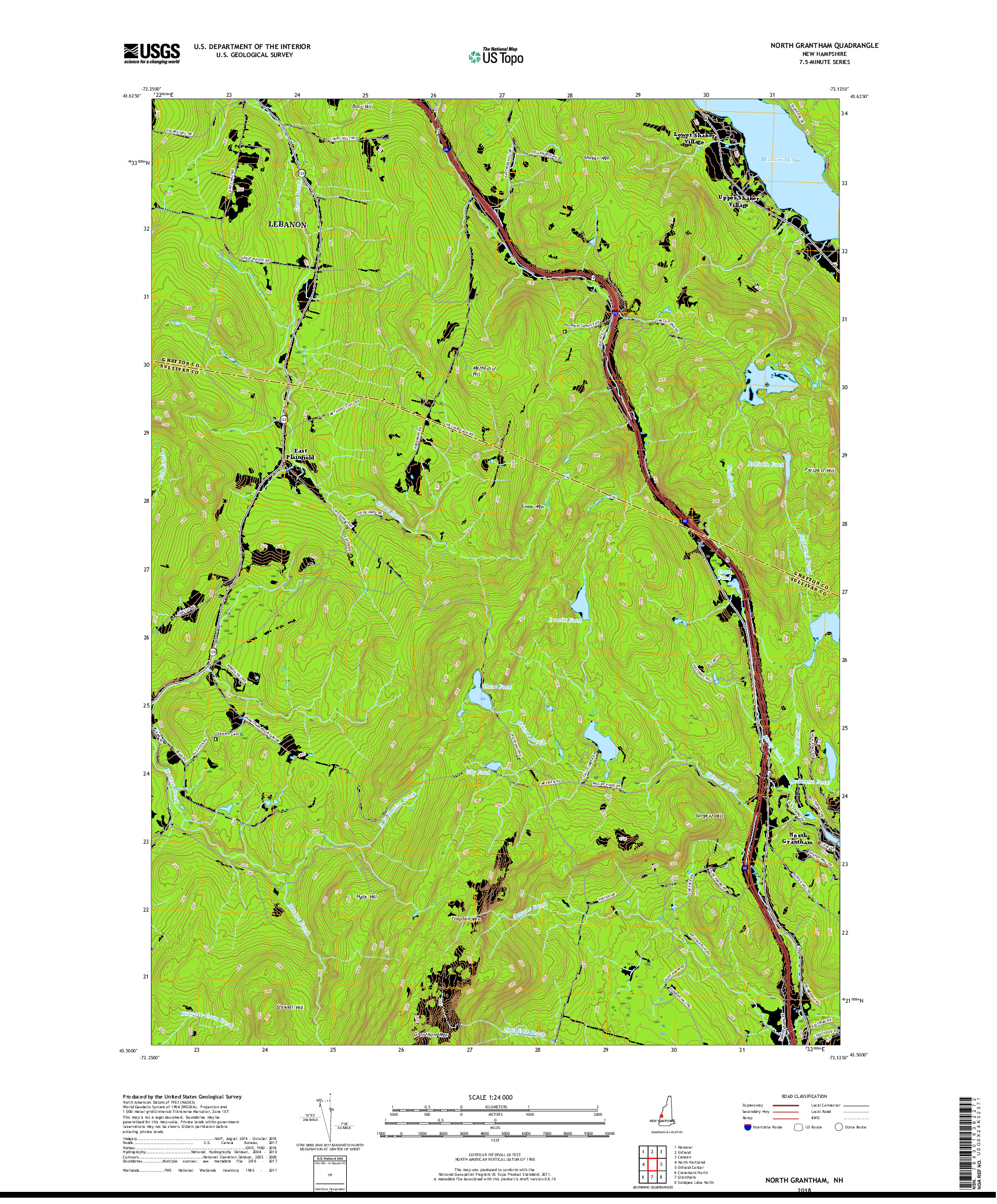 USGS US TOPO 7.5-MINUTE MAP FOR NORTH GRANTHAM, NH 2018
