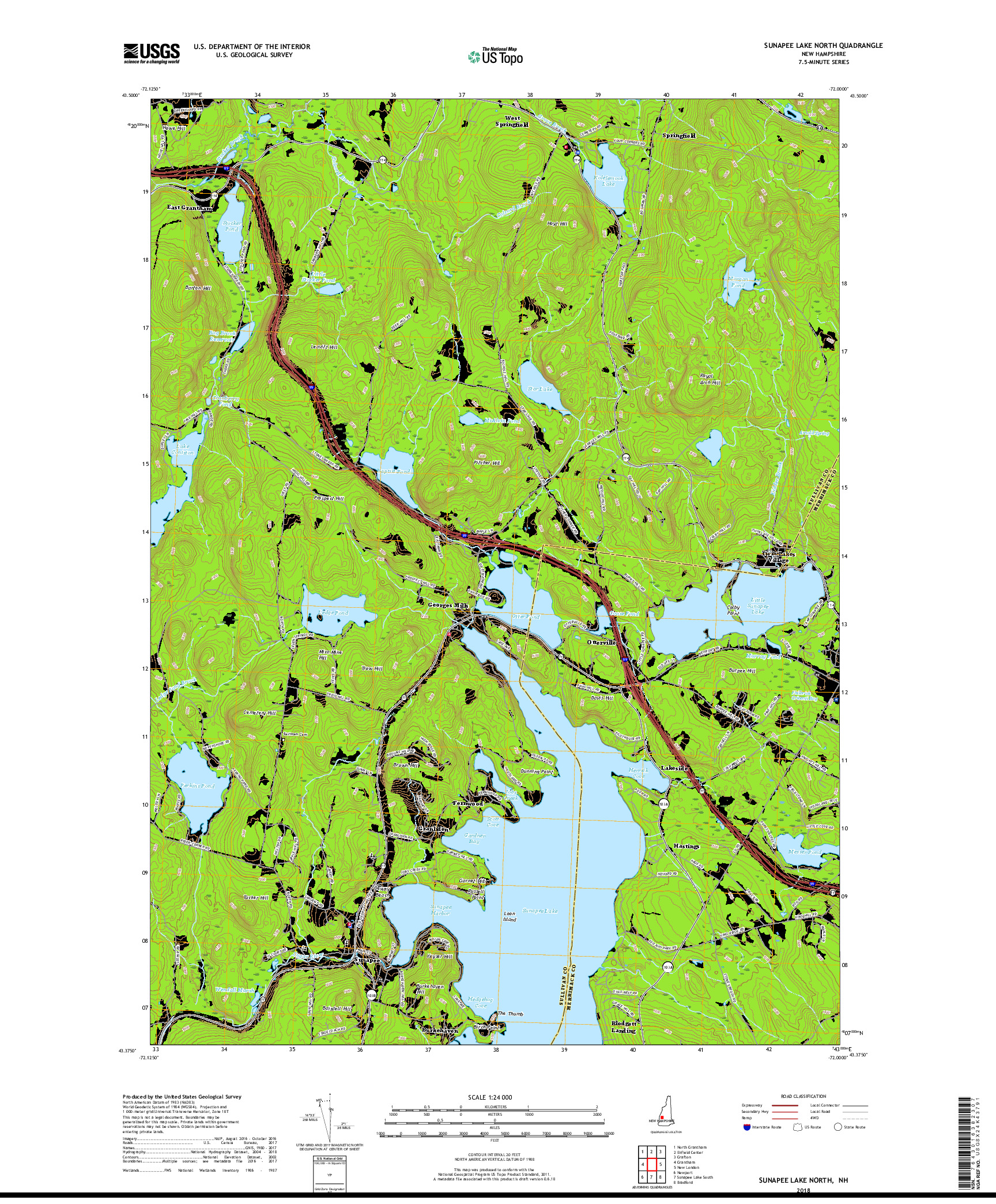 USGS US TOPO 7.5-MINUTE MAP FOR SUNAPEE LAKE NORTH, NH 2018