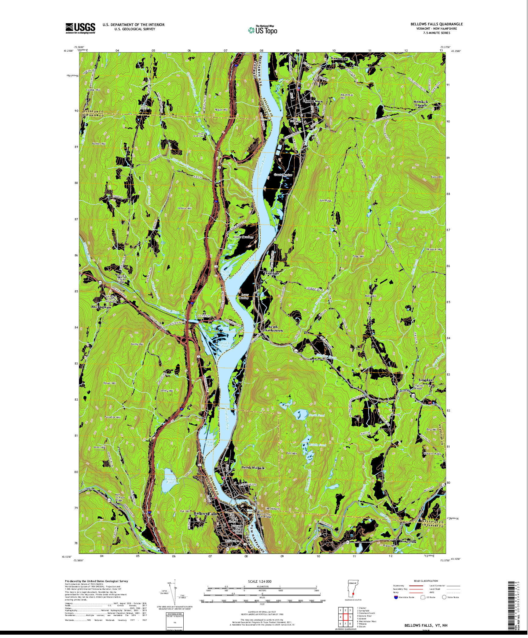 USGS US TOPO 7.5-MINUTE MAP FOR BELLOWS FALLS, VT,NH 2018