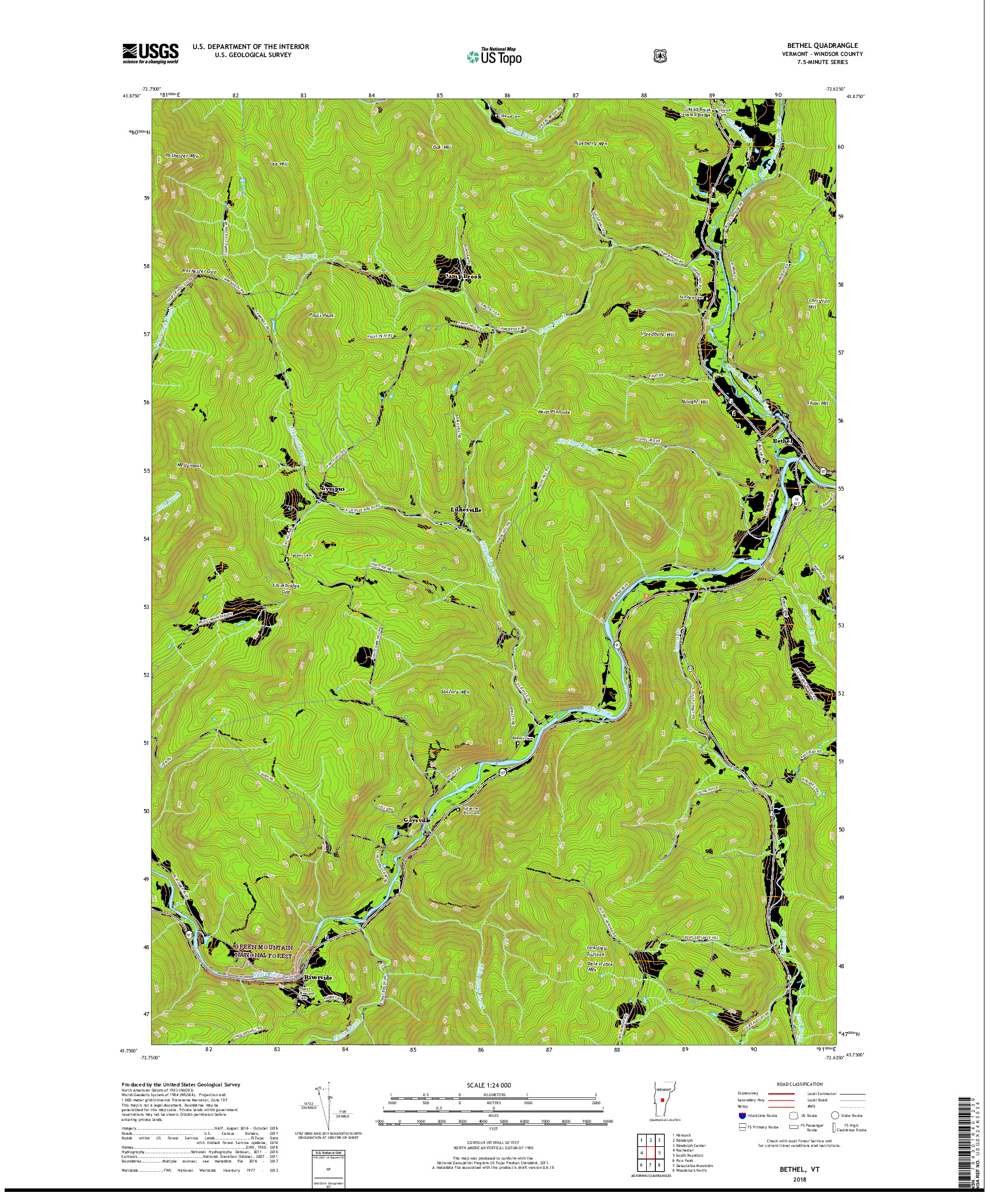 USGS US TOPO 7.5-MINUTE MAP FOR BETHEL, VT 2018