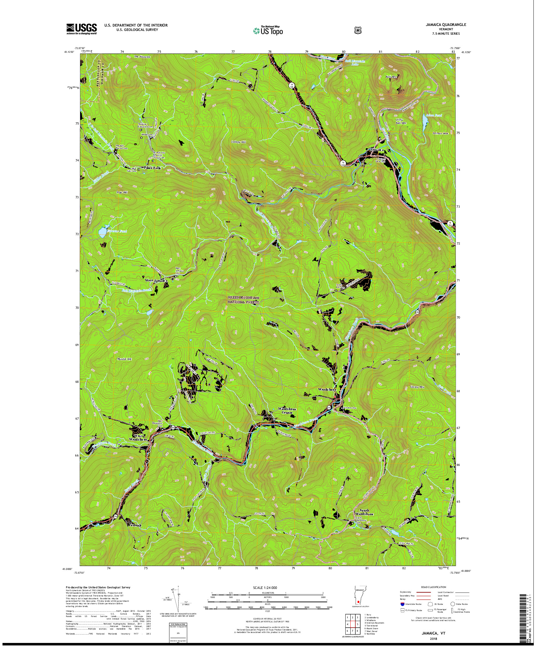 USGS US TOPO 7.5-MINUTE MAP FOR JAMAICA, VT 2018