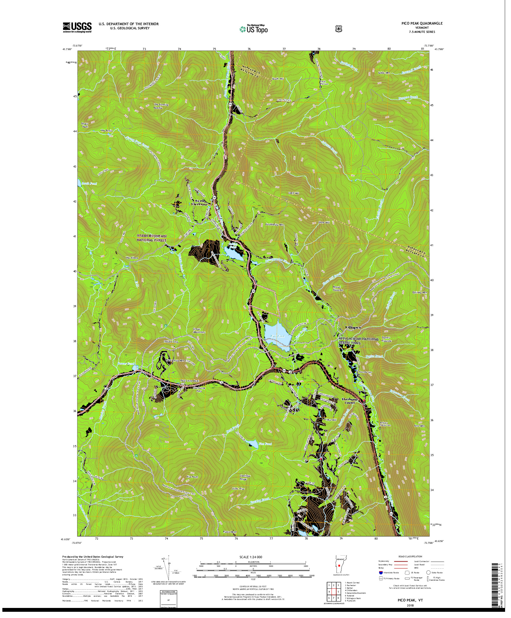 USGS US TOPO 7.5-MINUTE MAP FOR PICO PEAK, VT 2018