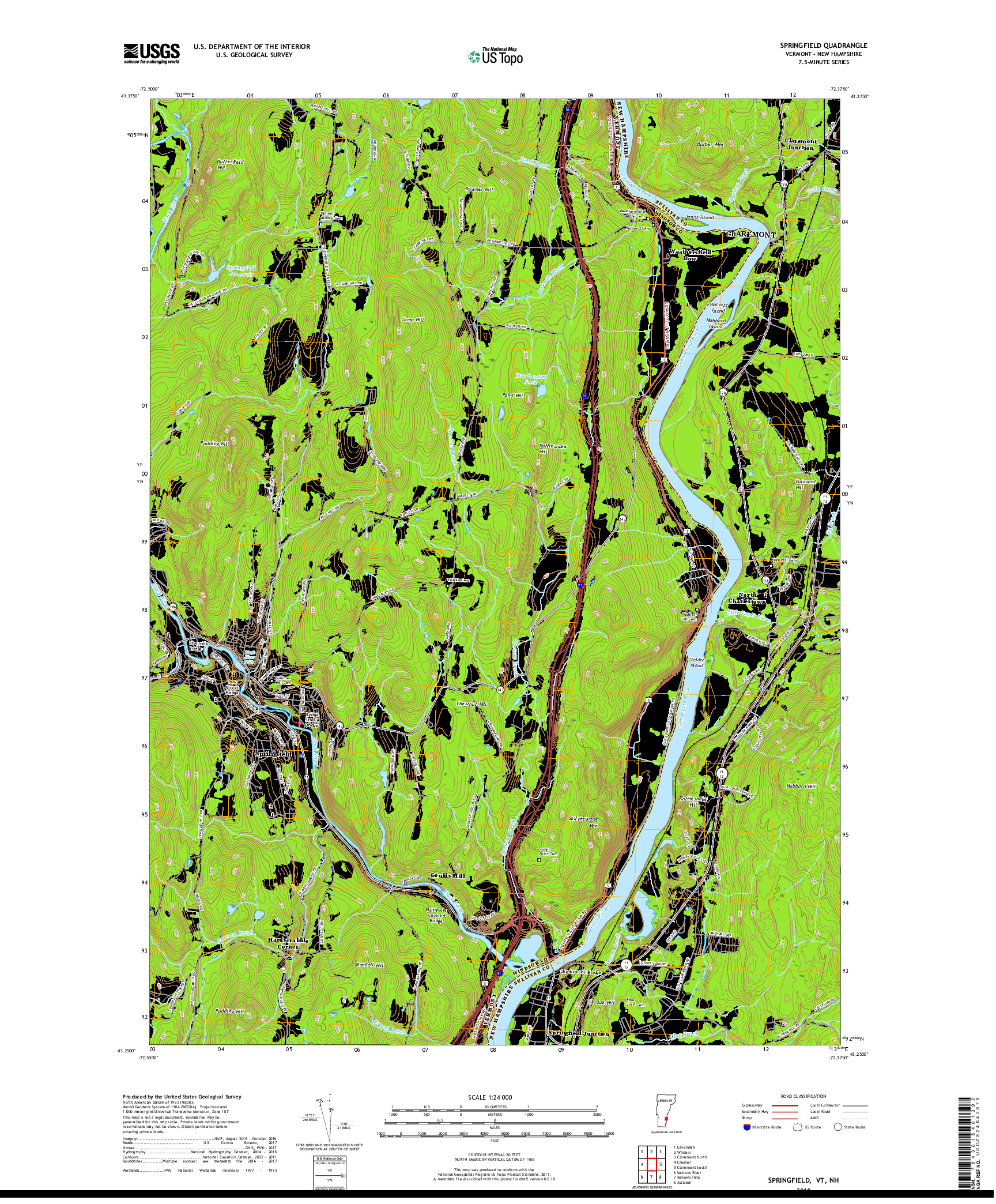 USGS US TOPO 7.5-MINUTE MAP FOR SPRINGFIELD, VT,NH 2018