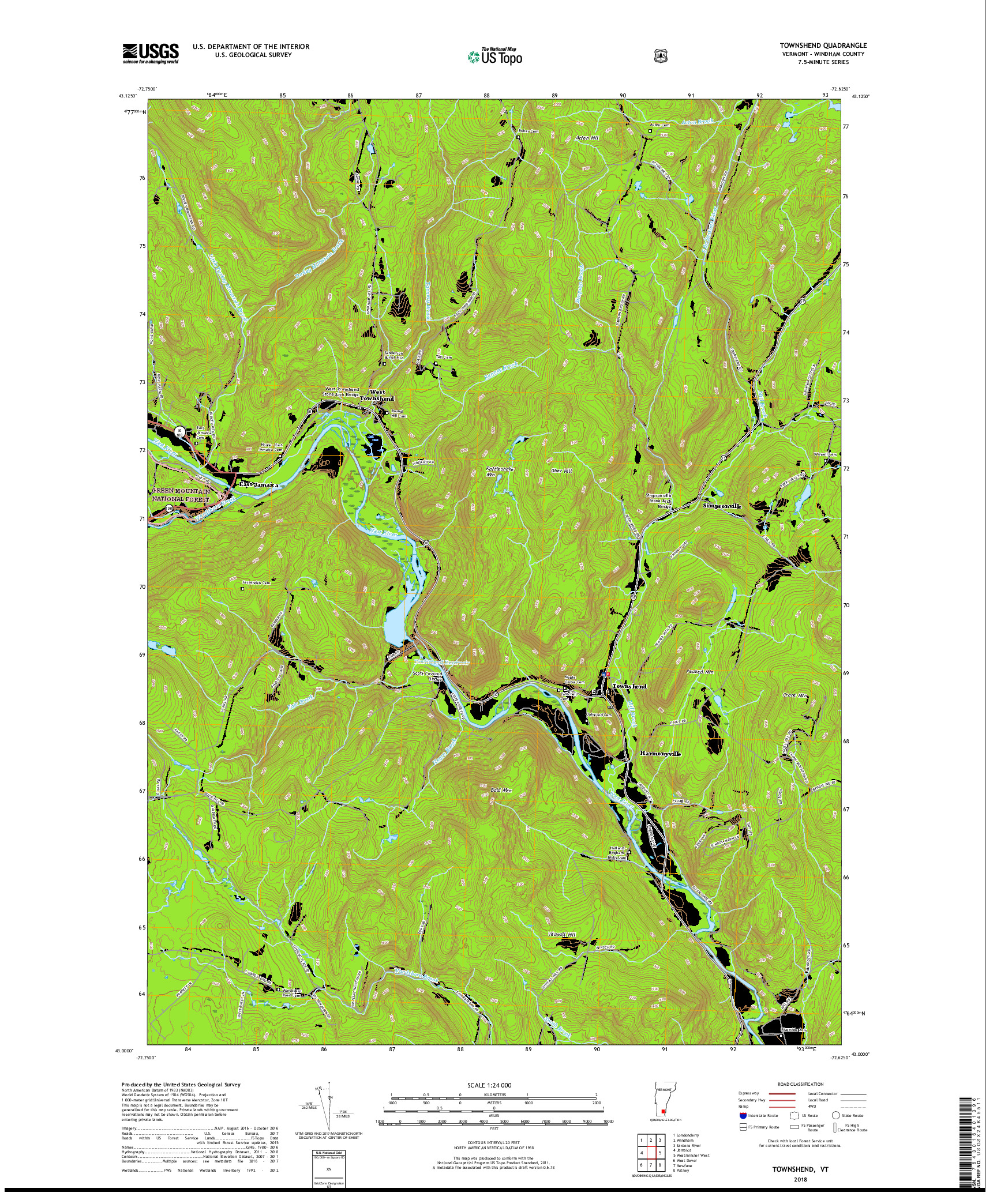 USGS US TOPO 7.5-MINUTE MAP FOR TOWNSHEND, VT 2018