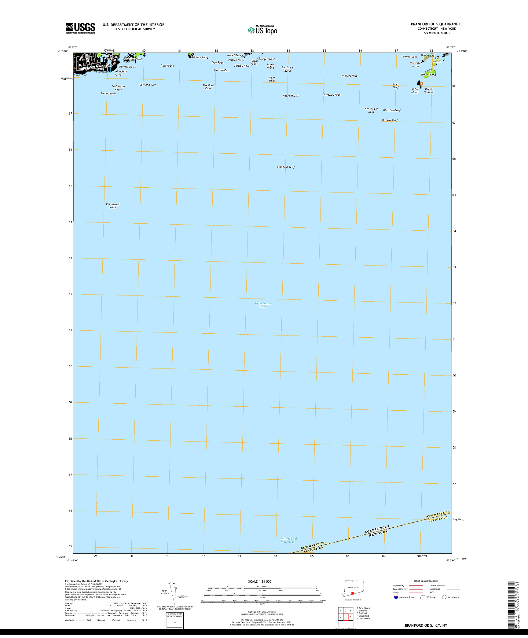 USGS US TOPO 7.5-MINUTE MAP FOR BRANFORD OE S, CT,NY 2018