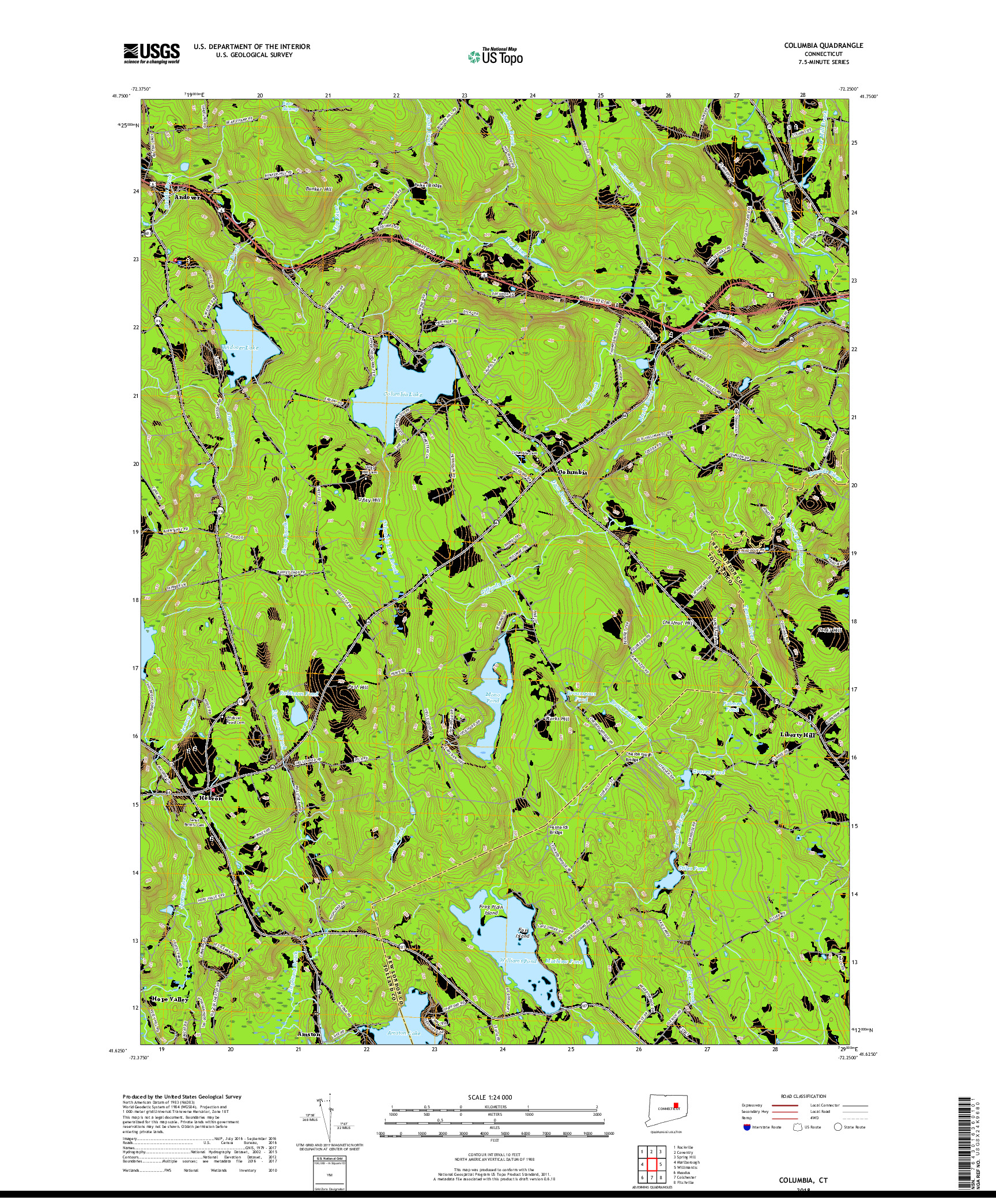 USGS US TOPO 7.5-MINUTE MAP FOR COLUMBIA, CT 2018