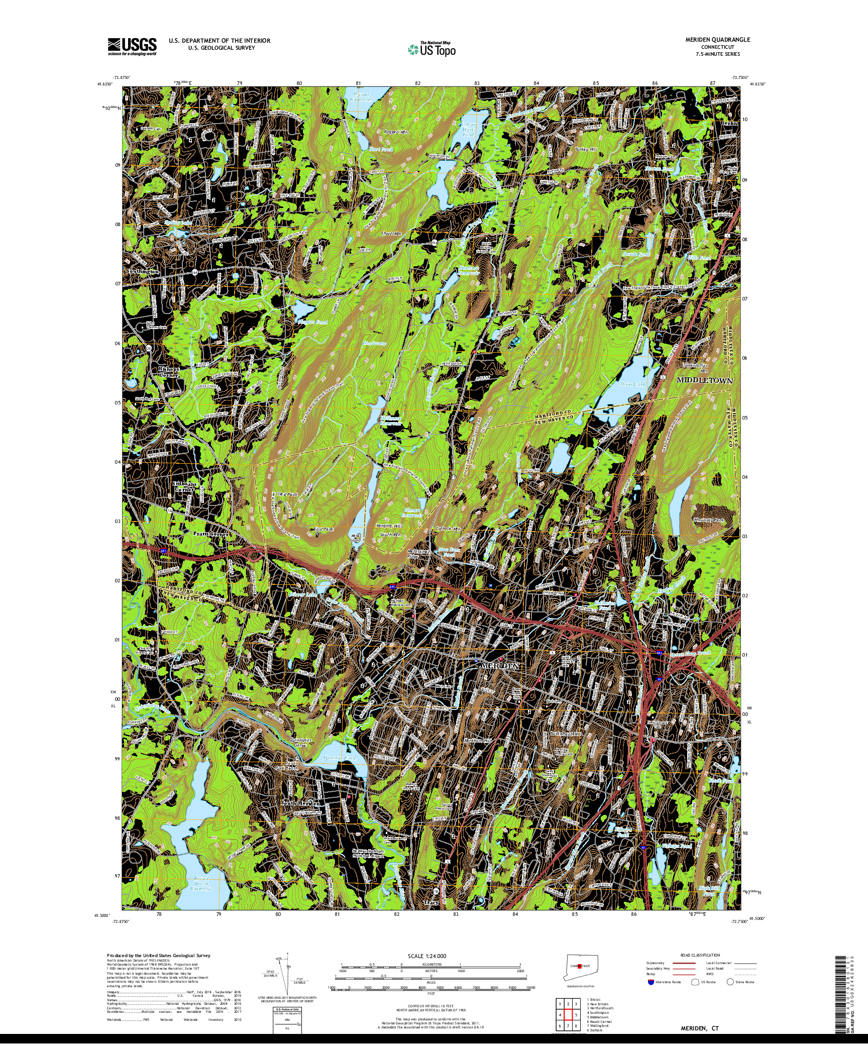 USGS US TOPO 7.5-MINUTE MAP FOR MERIDEN, CT 2018