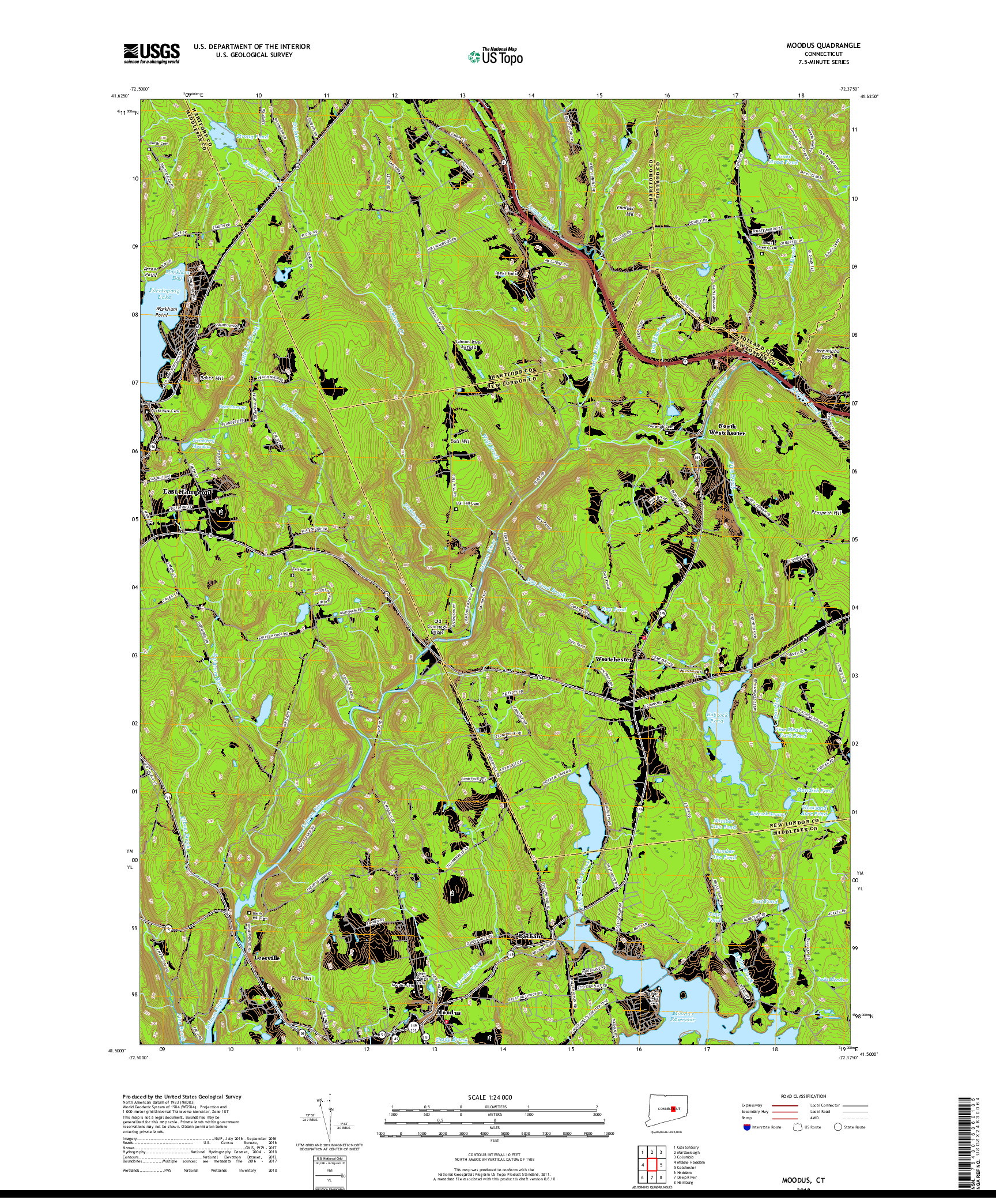 USGS US TOPO 7.5-MINUTE MAP FOR MOODUS, CT 2018