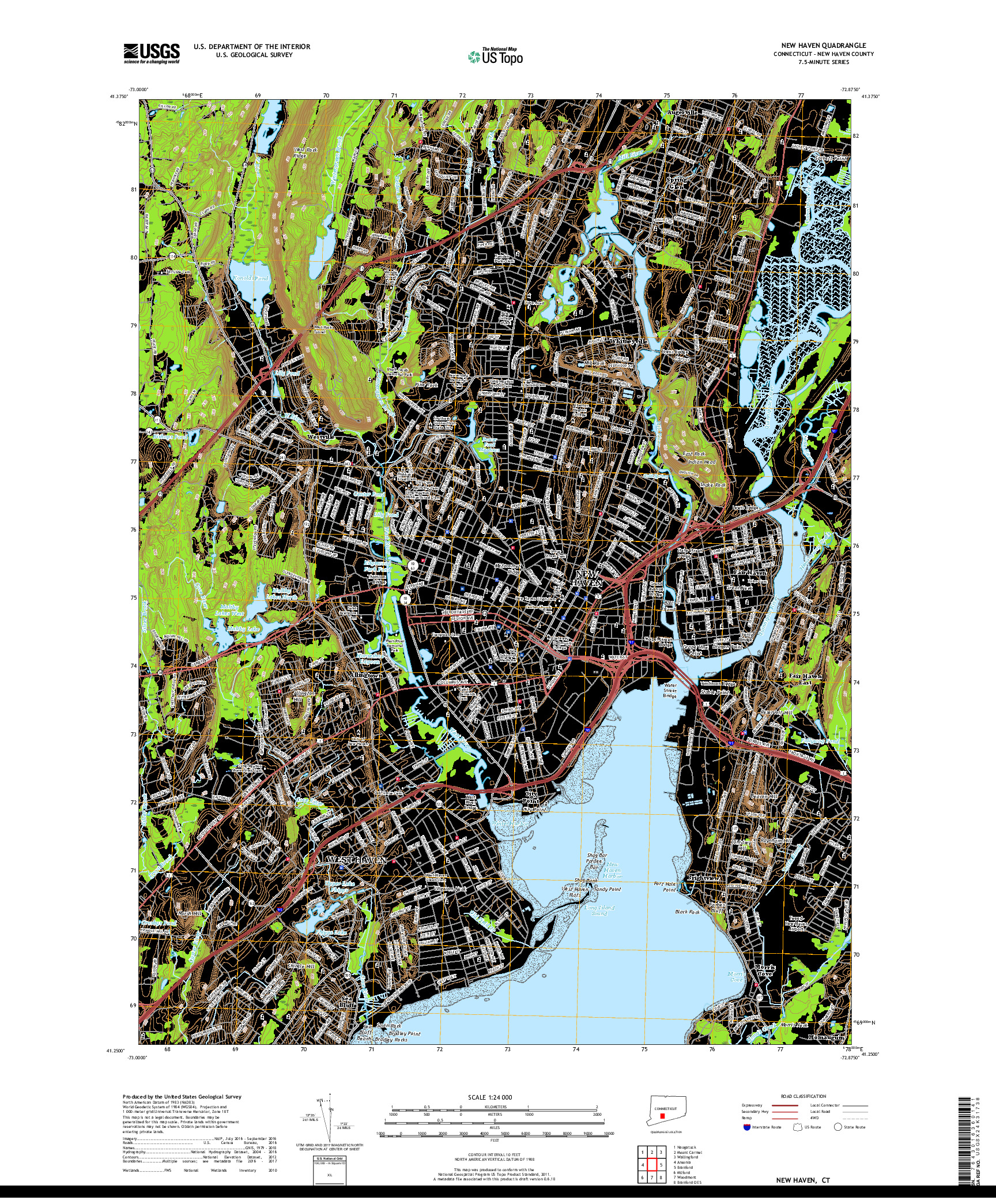 USGS US TOPO 7.5-MINUTE MAP FOR NEW HAVEN, CT 2018