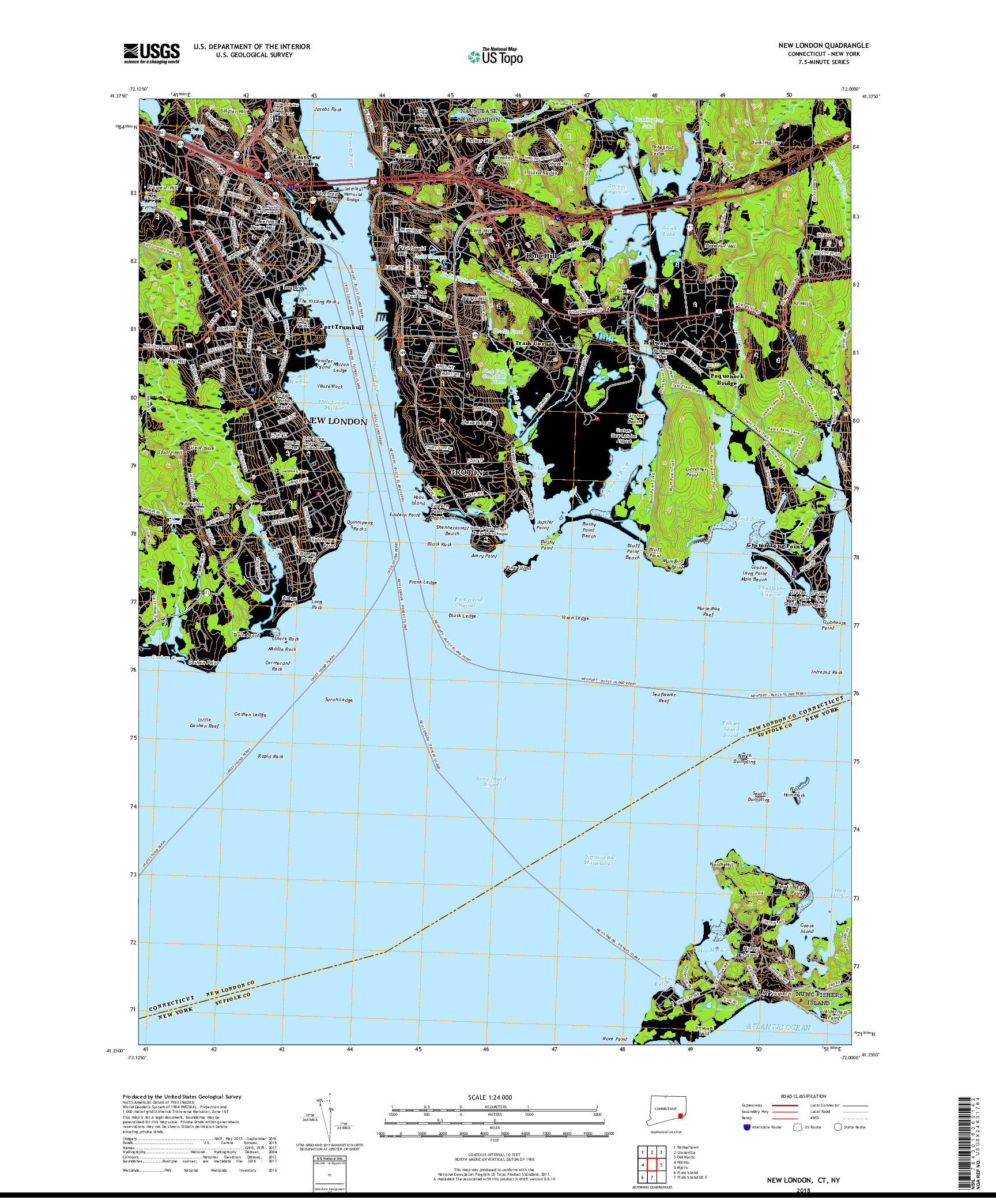 USGS US TOPO 7.5-MINUTE MAP FOR NEW LONDON, CT,NY 2018