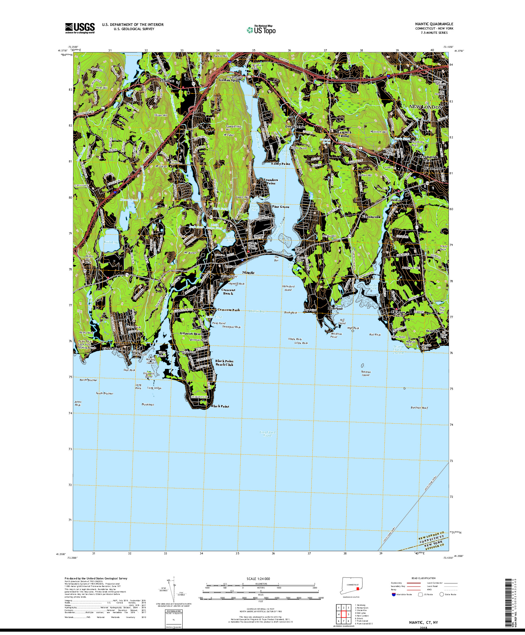 USGS US TOPO 7.5-MINUTE MAP FOR NIANTIC, CT,NY 2018