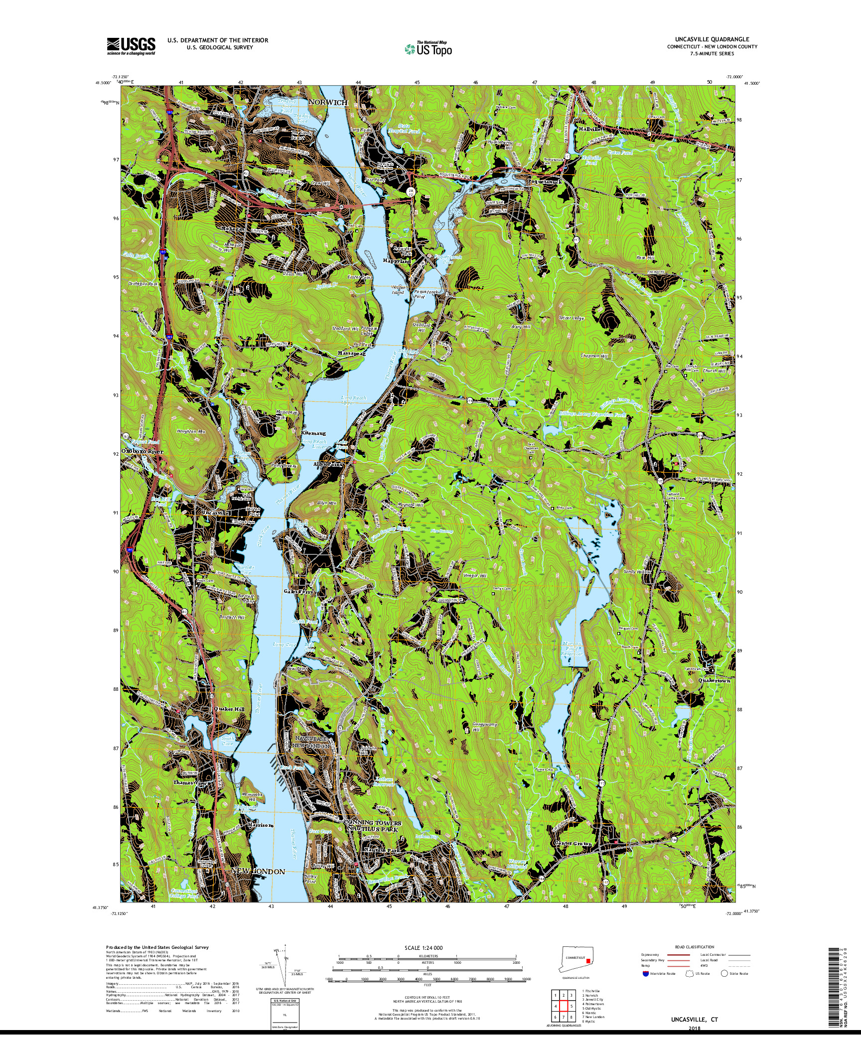 USGS US TOPO 7.5-MINUTE MAP FOR UNCASVILLE, CT 2018