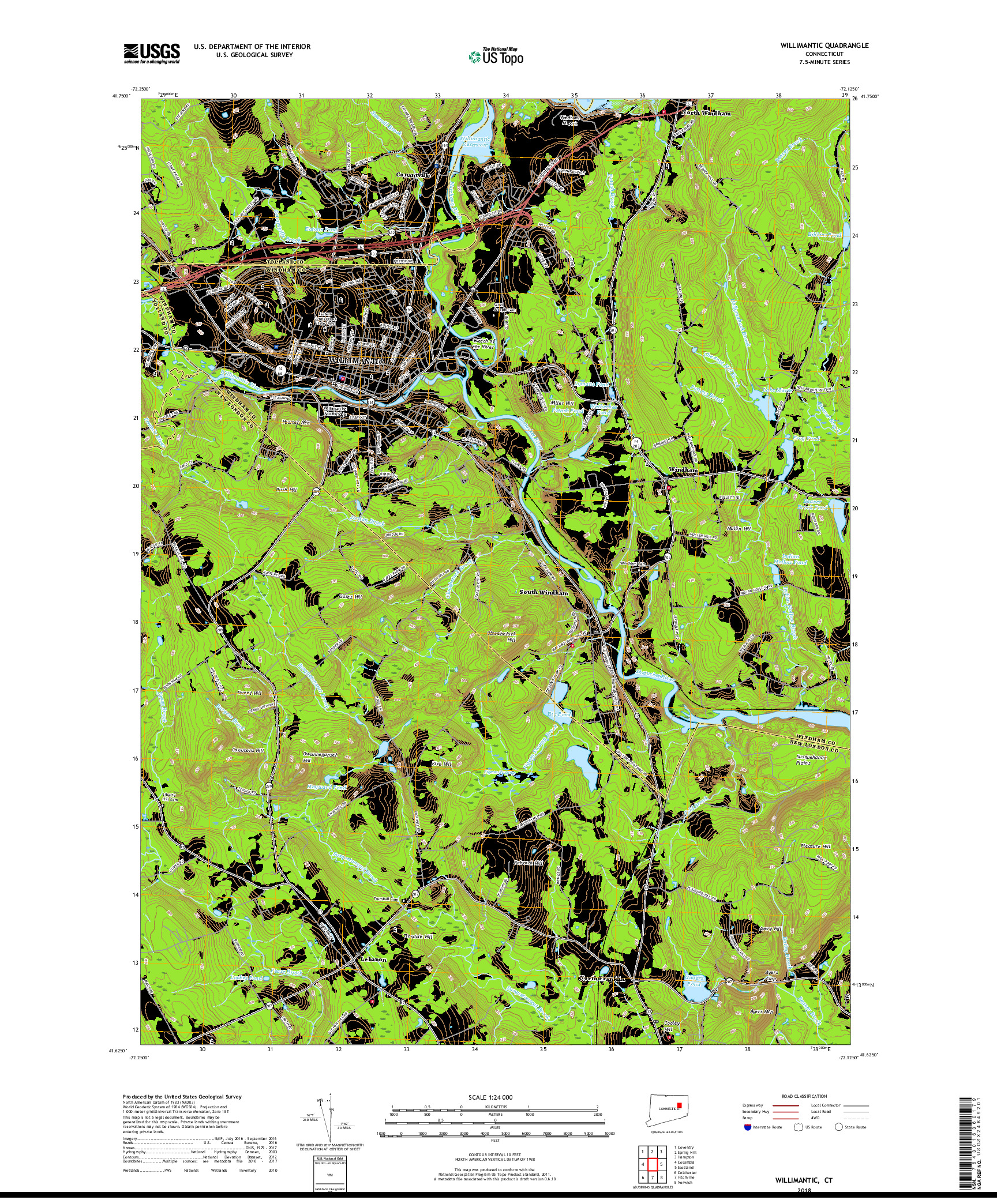 USGS US TOPO 7.5-MINUTE MAP FOR WILLIMANTIC, CT 2018