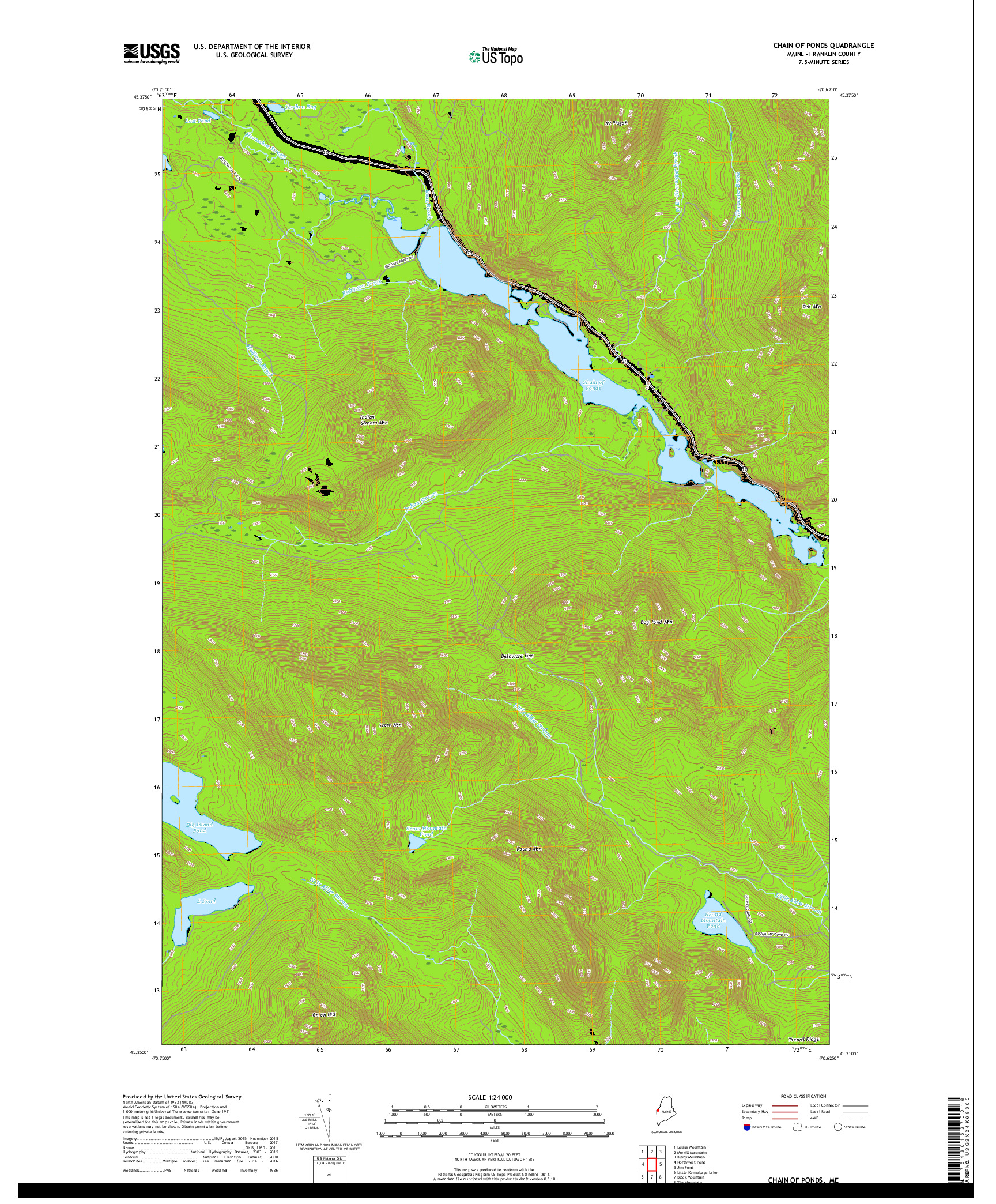 USGS US TOPO 7.5-MINUTE MAP FOR CHAIN OF PONDS, ME 2018