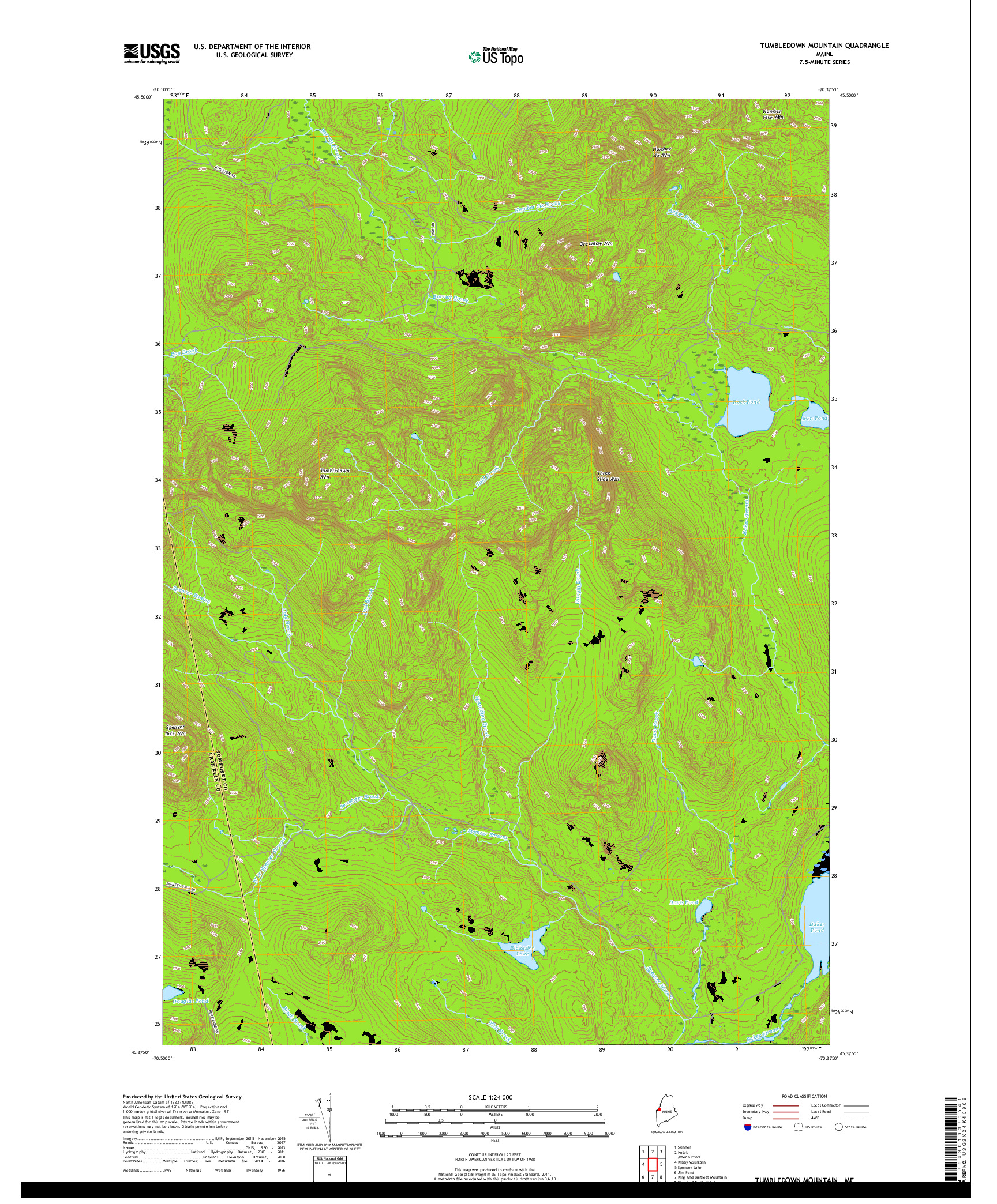 USGS US TOPO 7.5-MINUTE MAP FOR TUMBLEDOWN MOUNTAIN, ME 2018