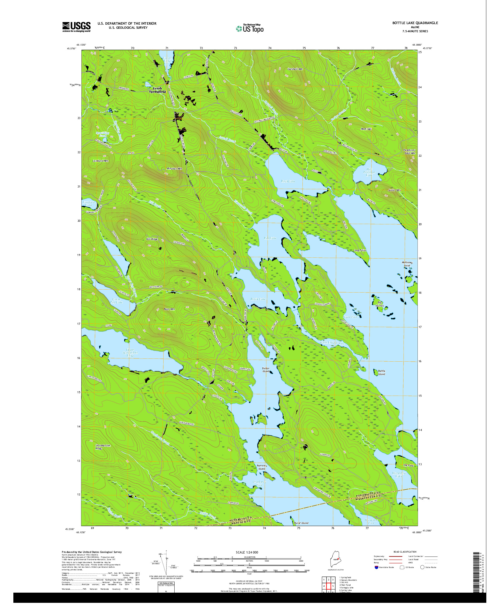 USGS US TOPO 7.5-MINUTE MAP FOR BOTTLE LAKE, ME 2018