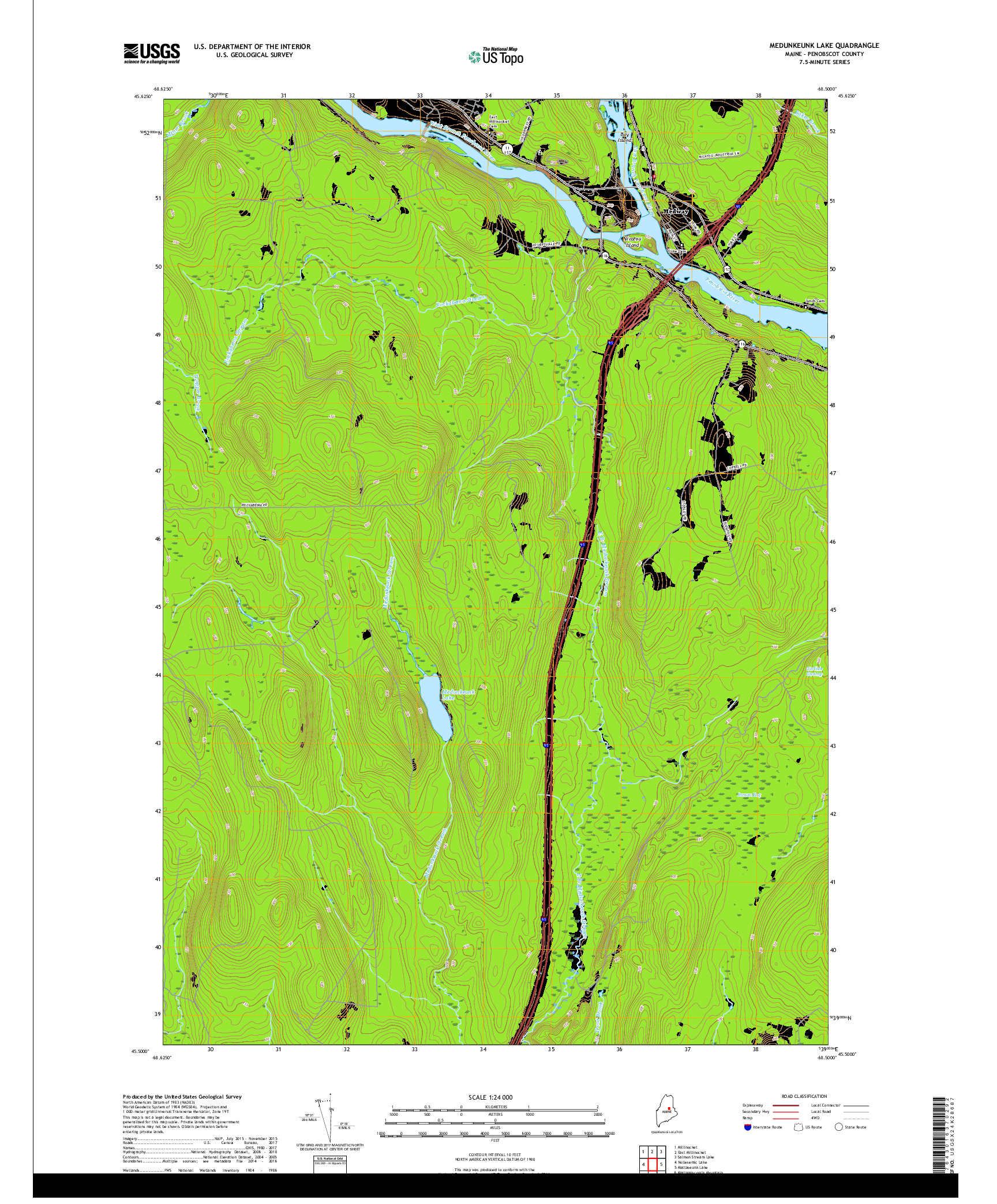 USGS US TOPO 7.5-MINUTE MAP FOR MEDUNKEUNK LAKE, ME 2018