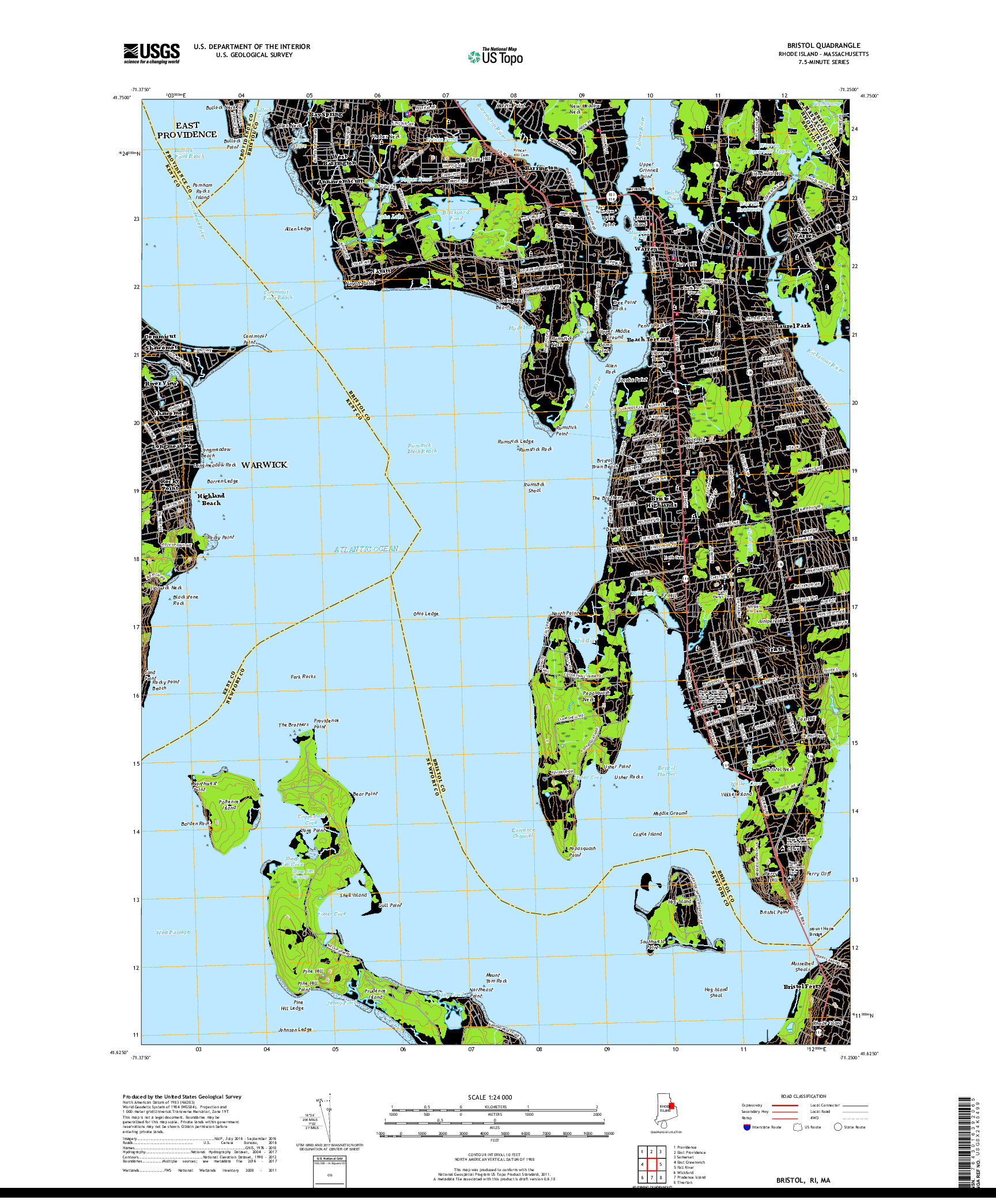 USGS US TOPO 7.5-MINUTE MAP FOR BRISTOL, RI,MA 2018