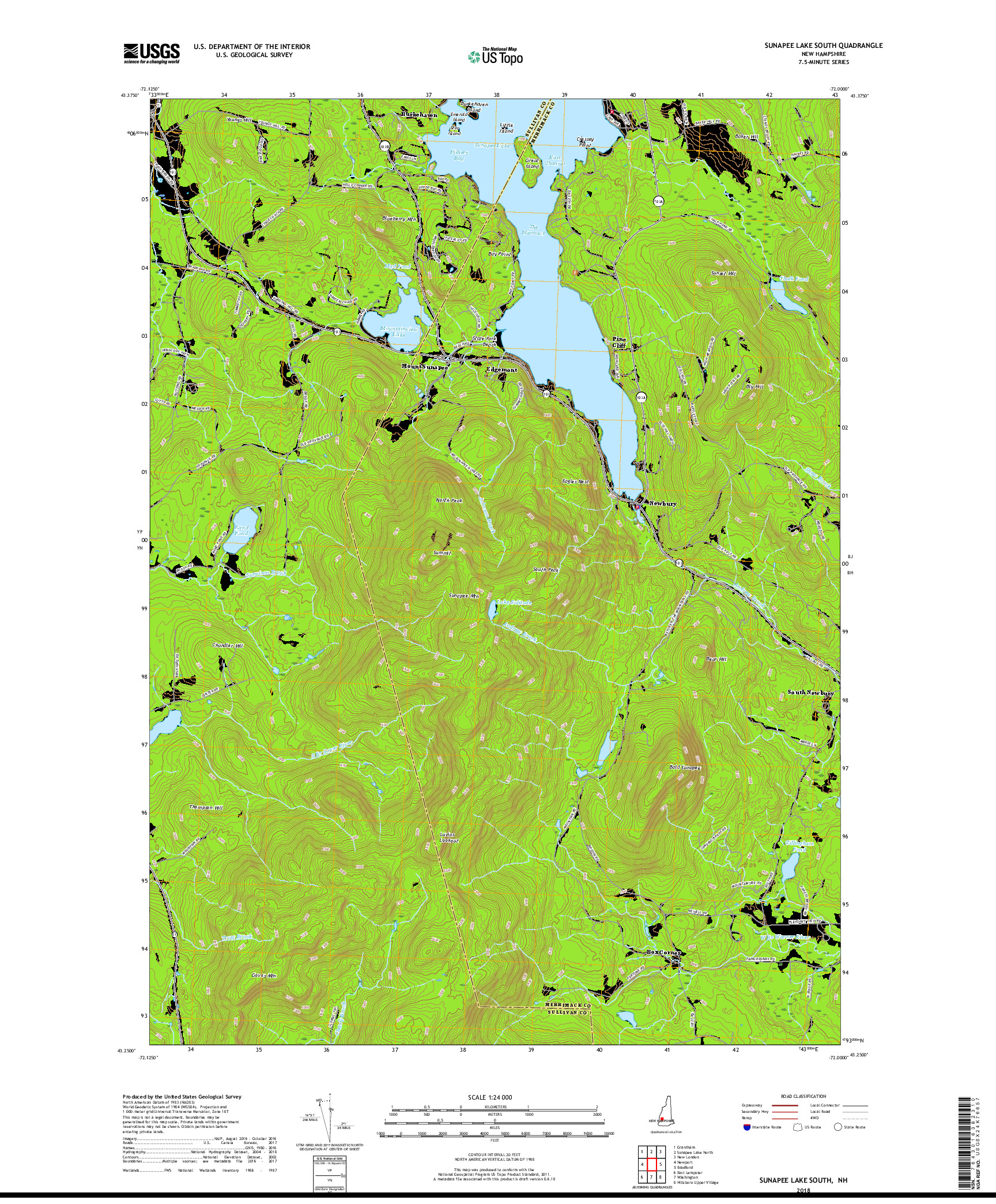 USGS US TOPO 7.5-MINUTE MAP FOR SUNAPEE LAKE SOUTH, NH 2018
