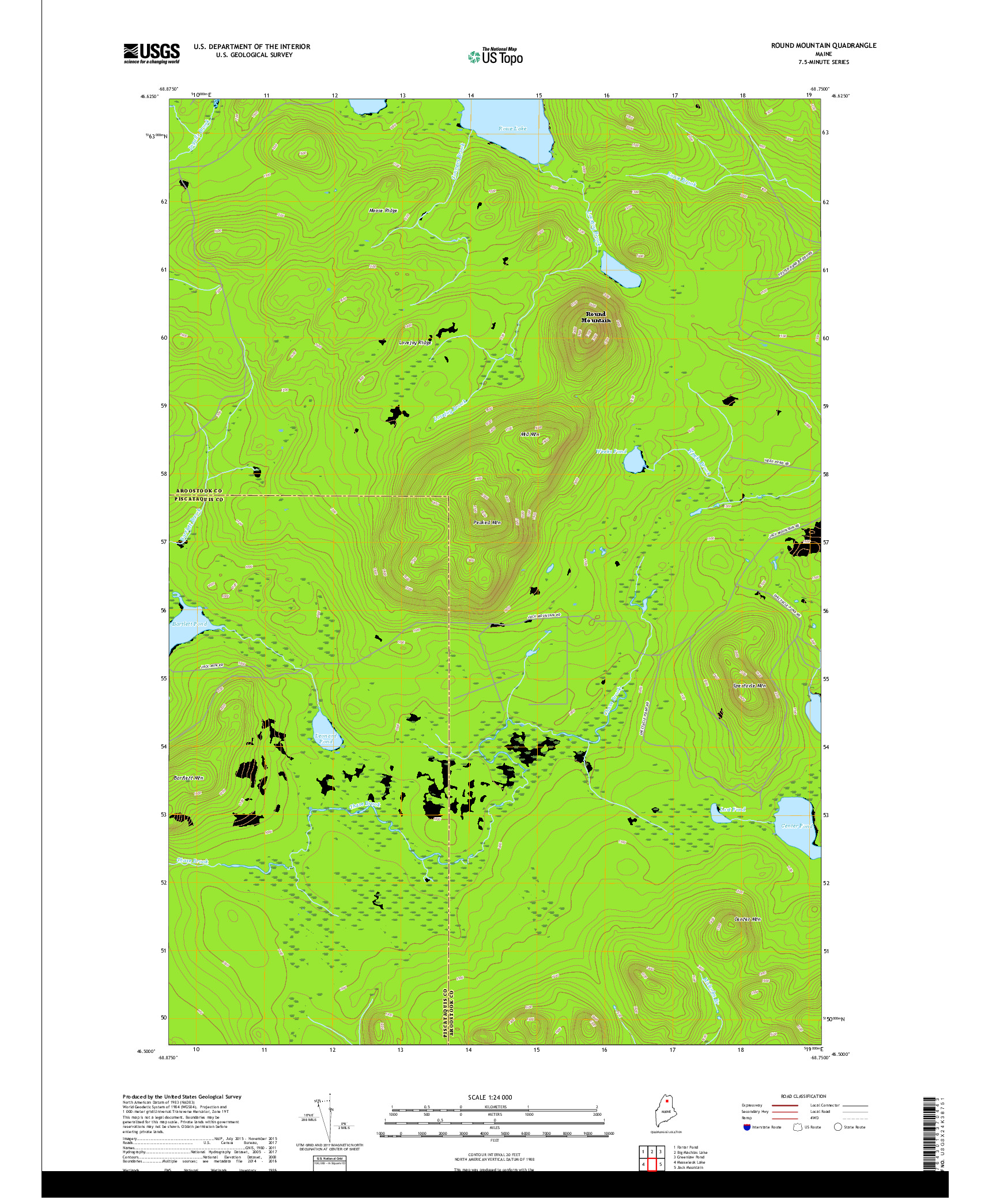 USGS US TOPO 7.5-MINUTE MAP FOR ROUND MOUNTAIN, ME 2018