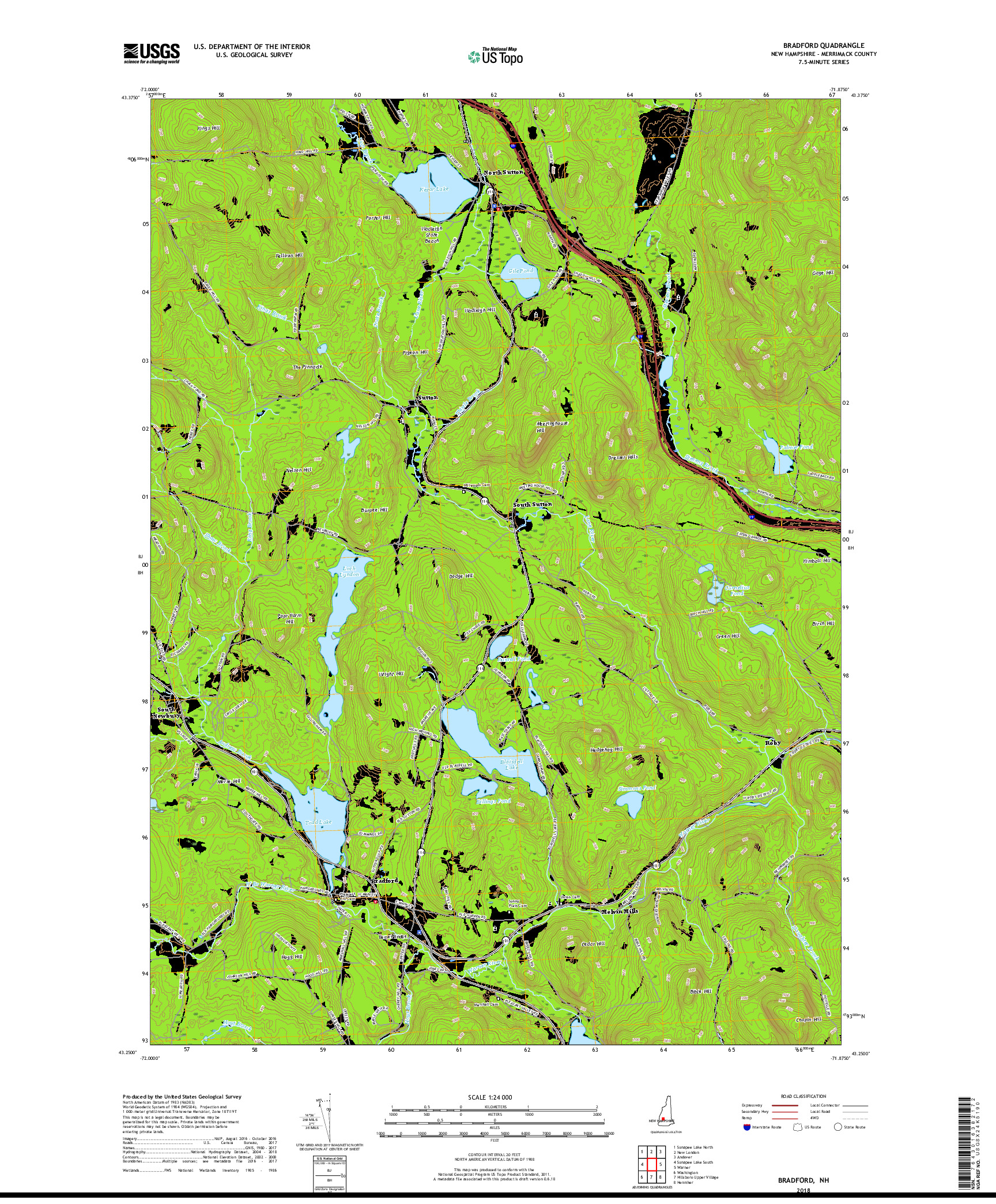 USGS US TOPO 7.5-MINUTE MAP FOR BRADFORD, NH 2018