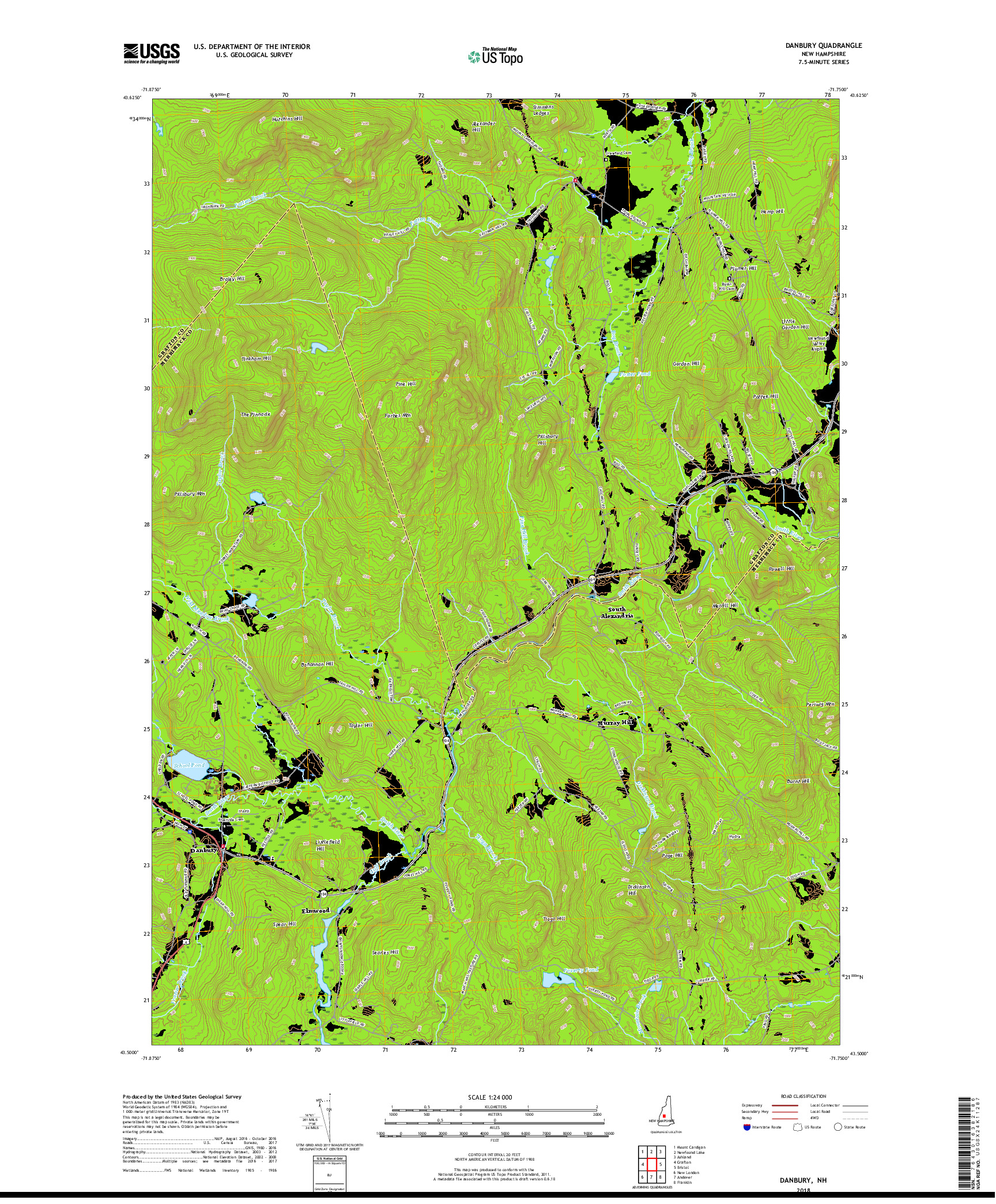 USGS US TOPO 7.5-MINUTE MAP FOR DANBURY, NH 2018