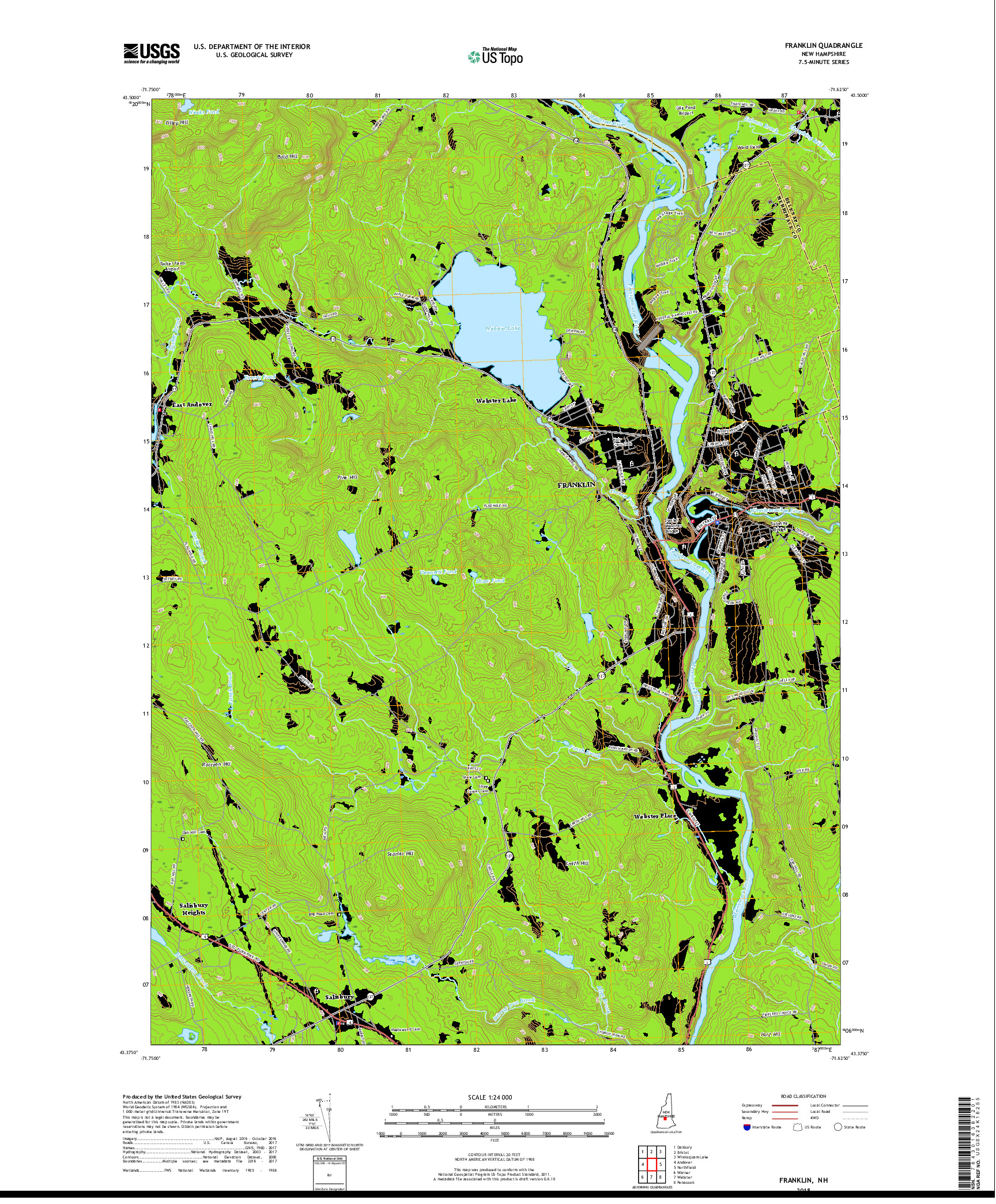 USGS US TOPO 7.5-MINUTE MAP FOR FRANKLIN, NH 2018