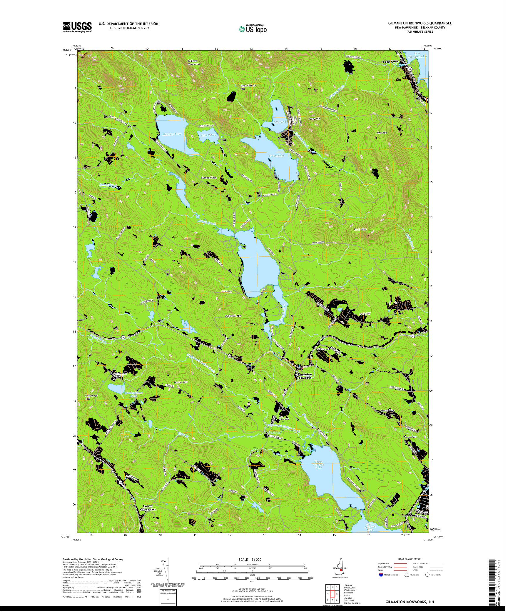 USGS US TOPO 7.5-MINUTE MAP FOR GILMANTON IRONWORKS, NH 2018