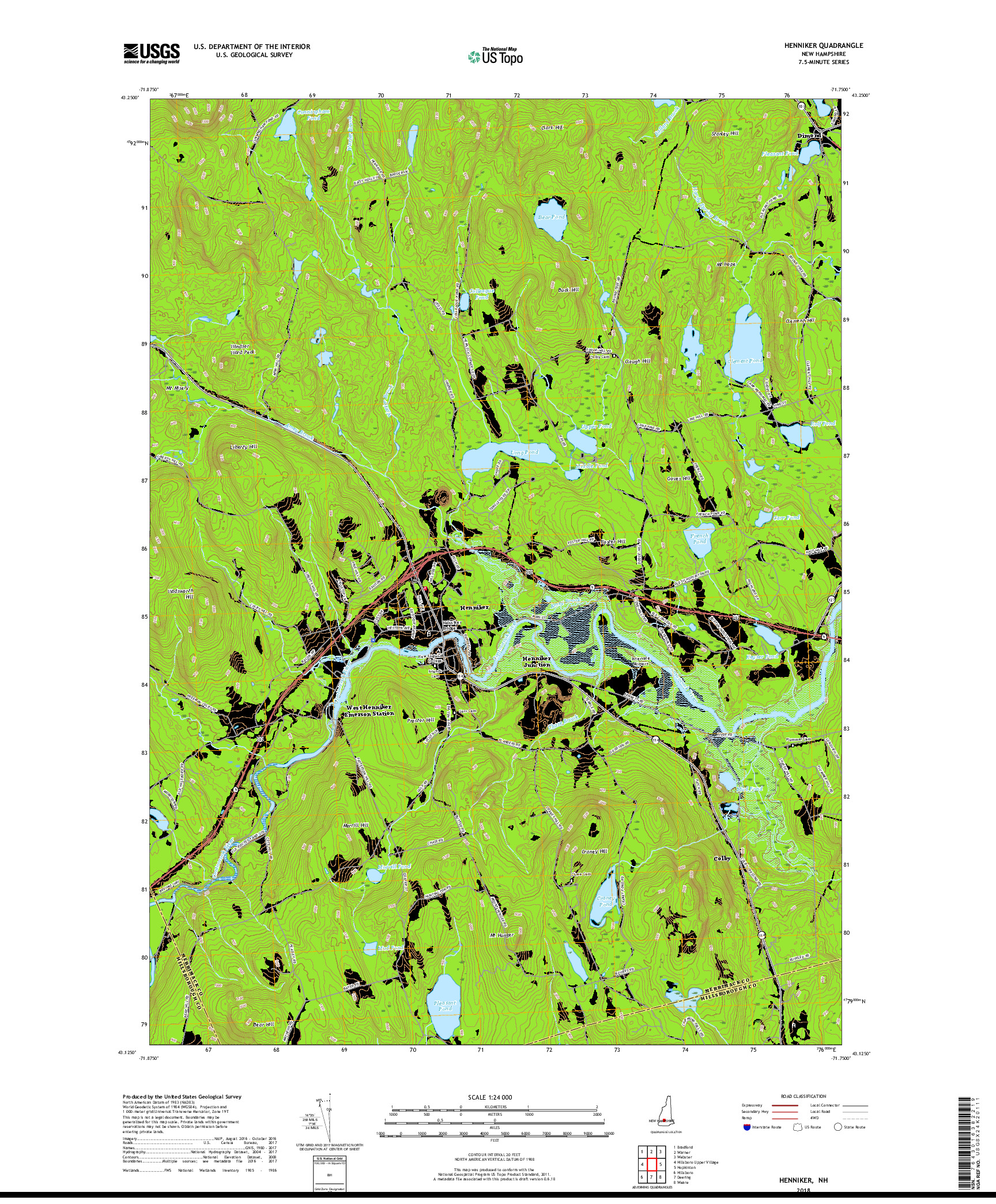 USGS US TOPO 7.5-MINUTE MAP FOR HENNIKER, NH 2018