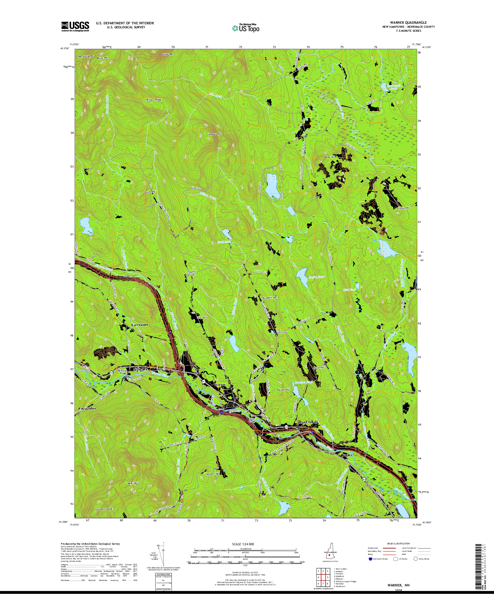 USGS US TOPO 7.5-MINUTE MAP FOR WARNER, NH 2018