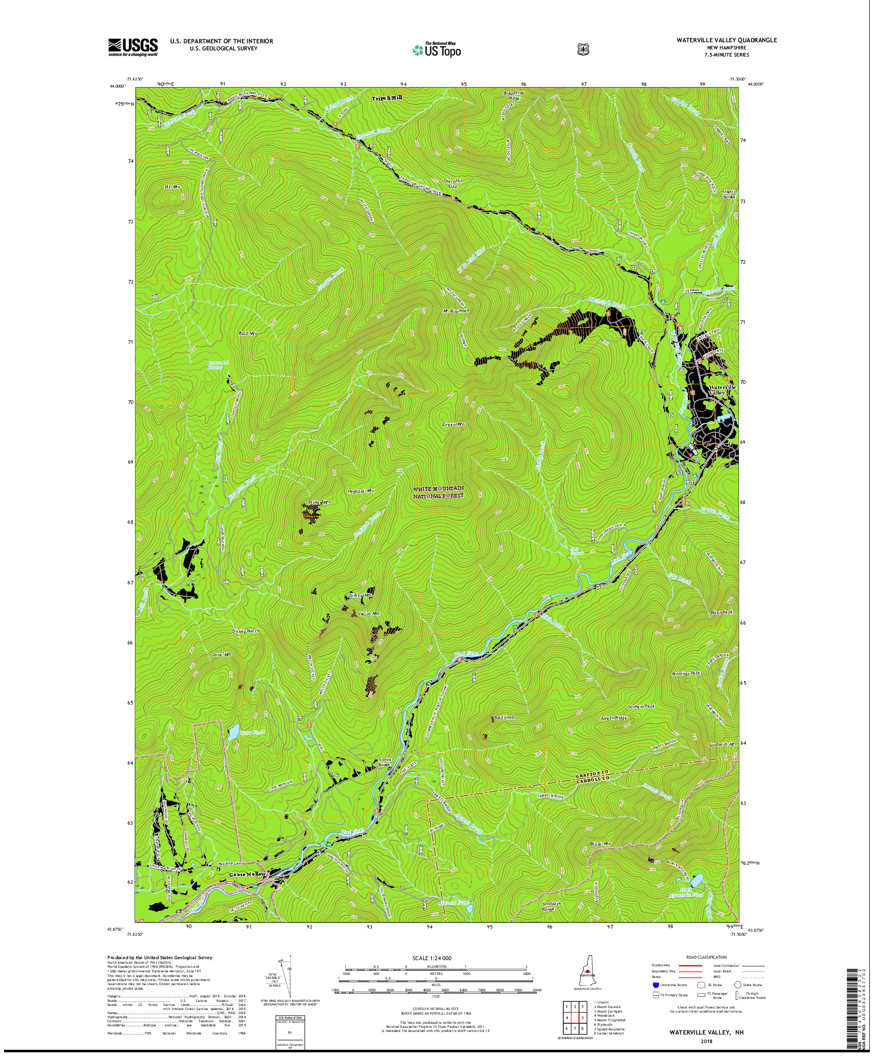 USGS US TOPO 7.5-MINUTE MAP FOR WATERVILLE VALLEY, NH 2018