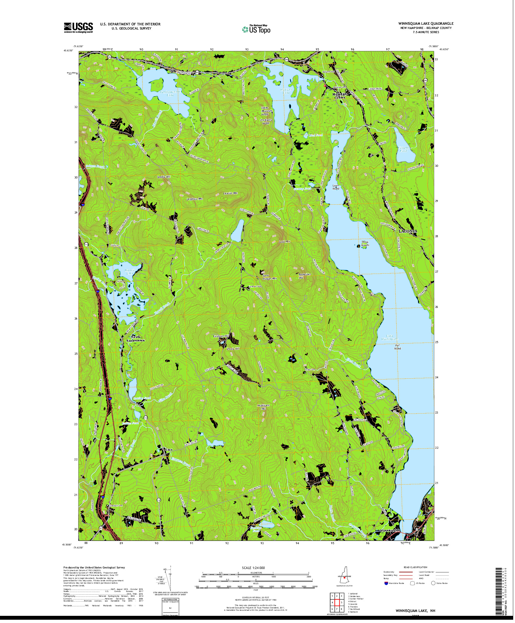 USGS US TOPO 7.5-MINUTE MAP FOR WINNISQUAM LAKE, NH 2018