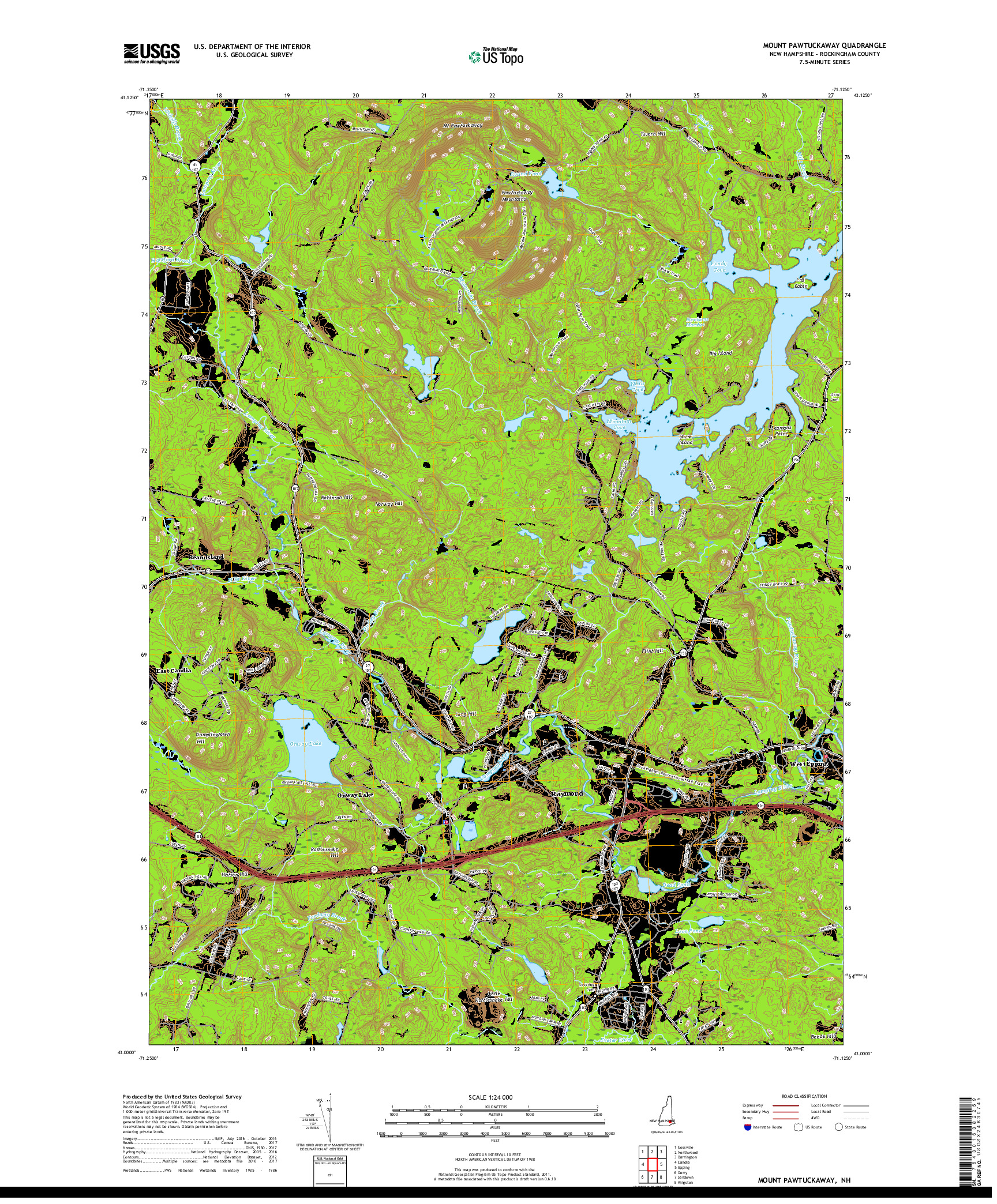 USGS US TOPO 7.5-MINUTE MAP FOR MOUNT PAWTUCKAWAY, NH 2018