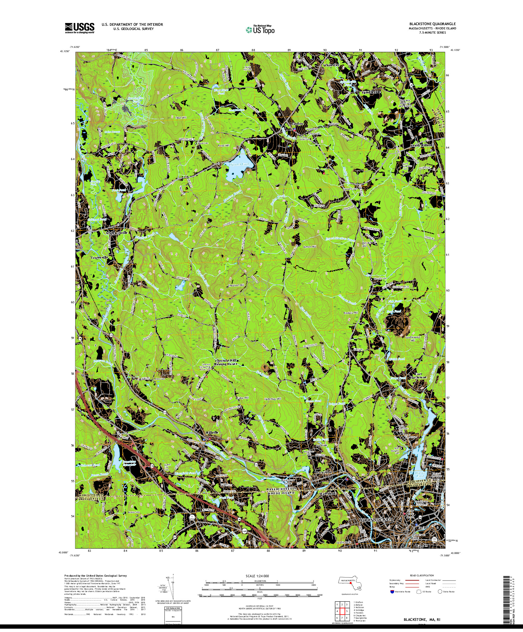 USGS US TOPO 7.5-MINUTE MAP FOR BLACKSTONE, MA,RI 2018