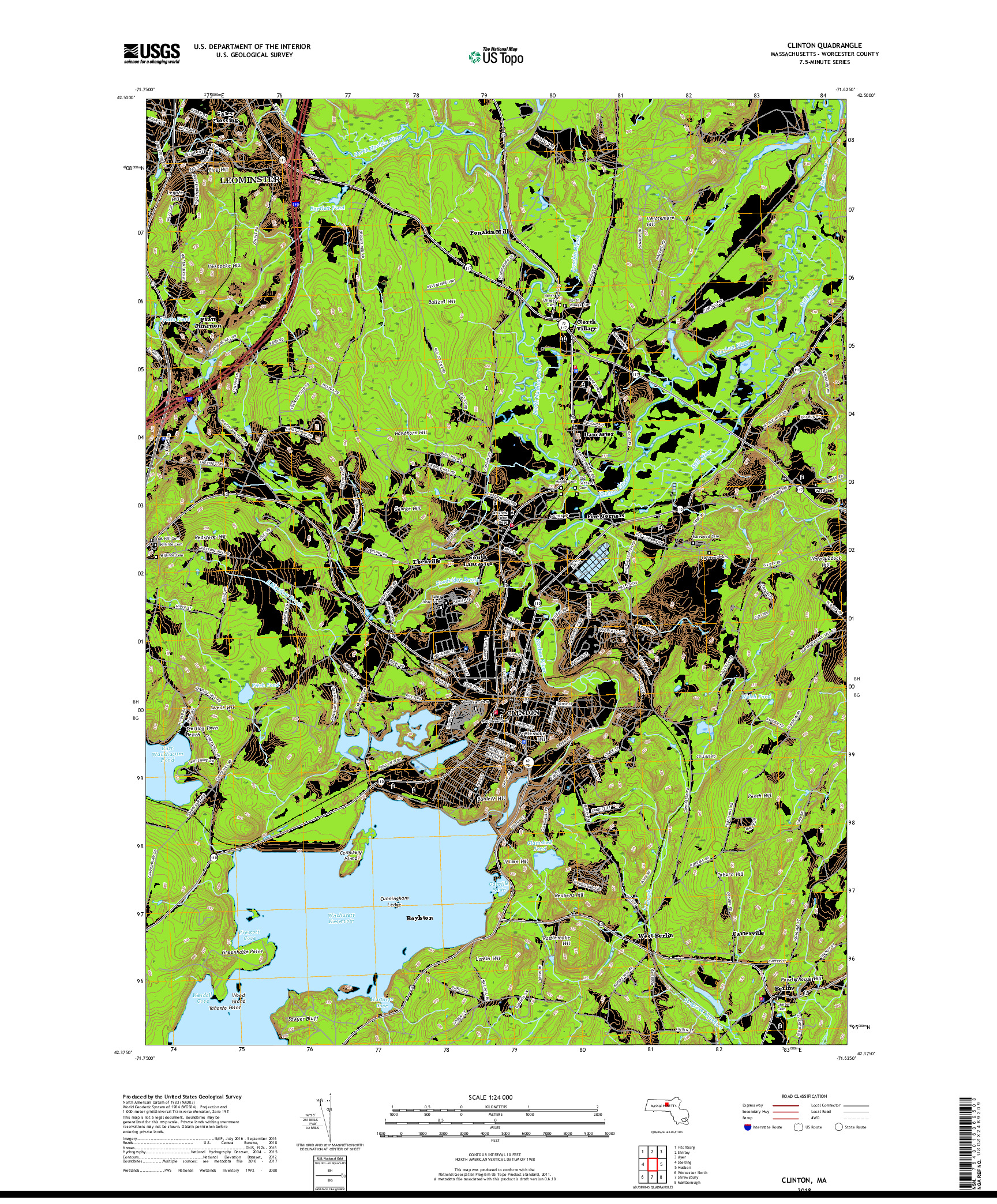 USGS US TOPO 7.5-MINUTE MAP FOR CLINTON, MA 2018