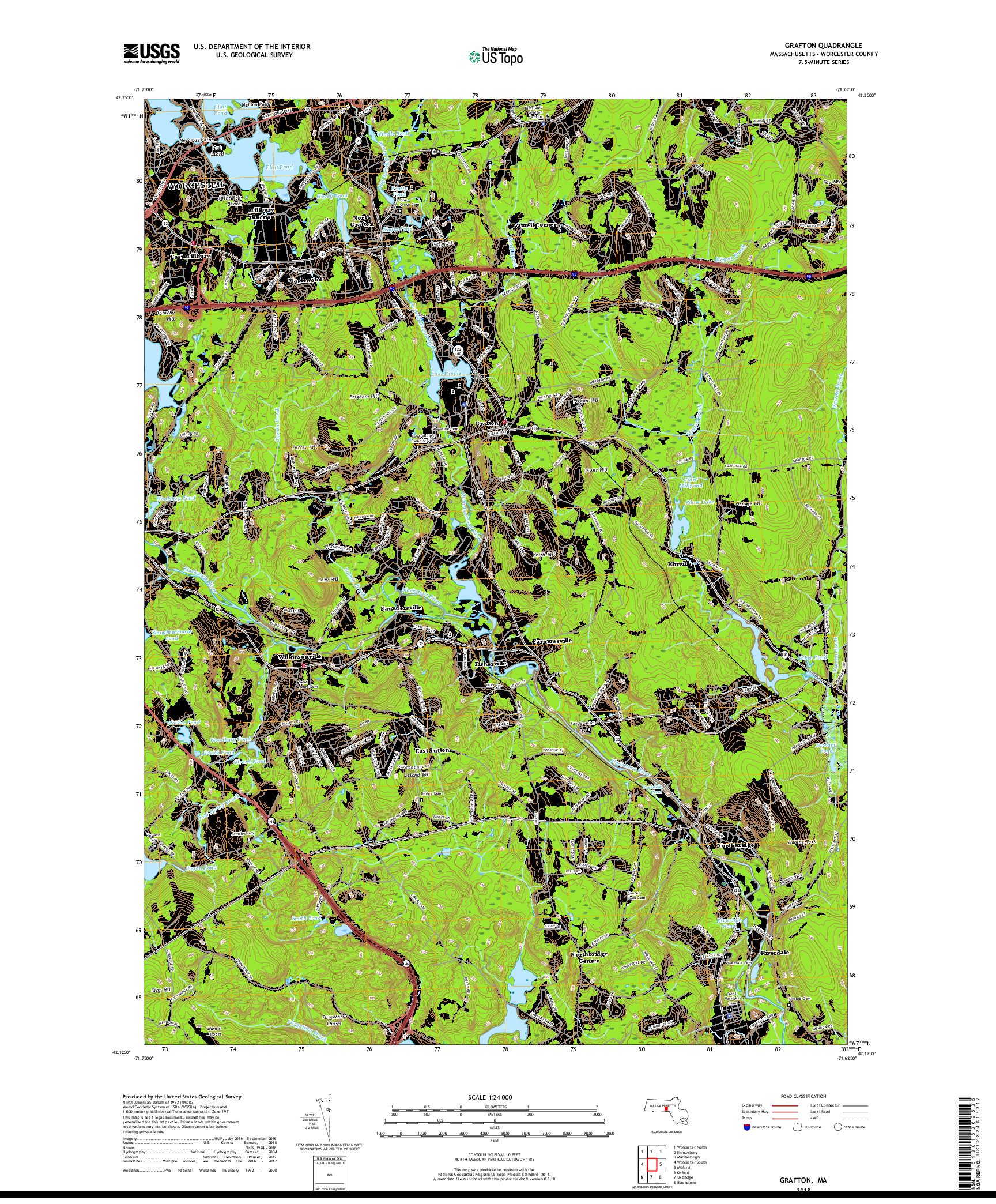 USGS US TOPO 7.5-MINUTE MAP FOR GRAFTON, MA 2018