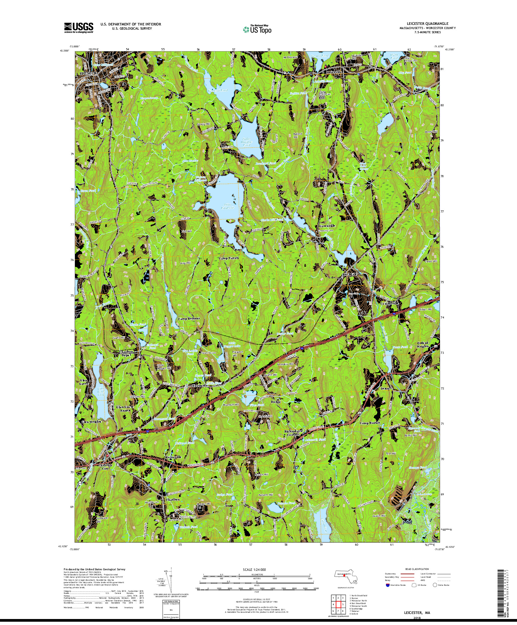 USGS US TOPO 7.5-MINUTE MAP FOR LEICESTER, MA 2018