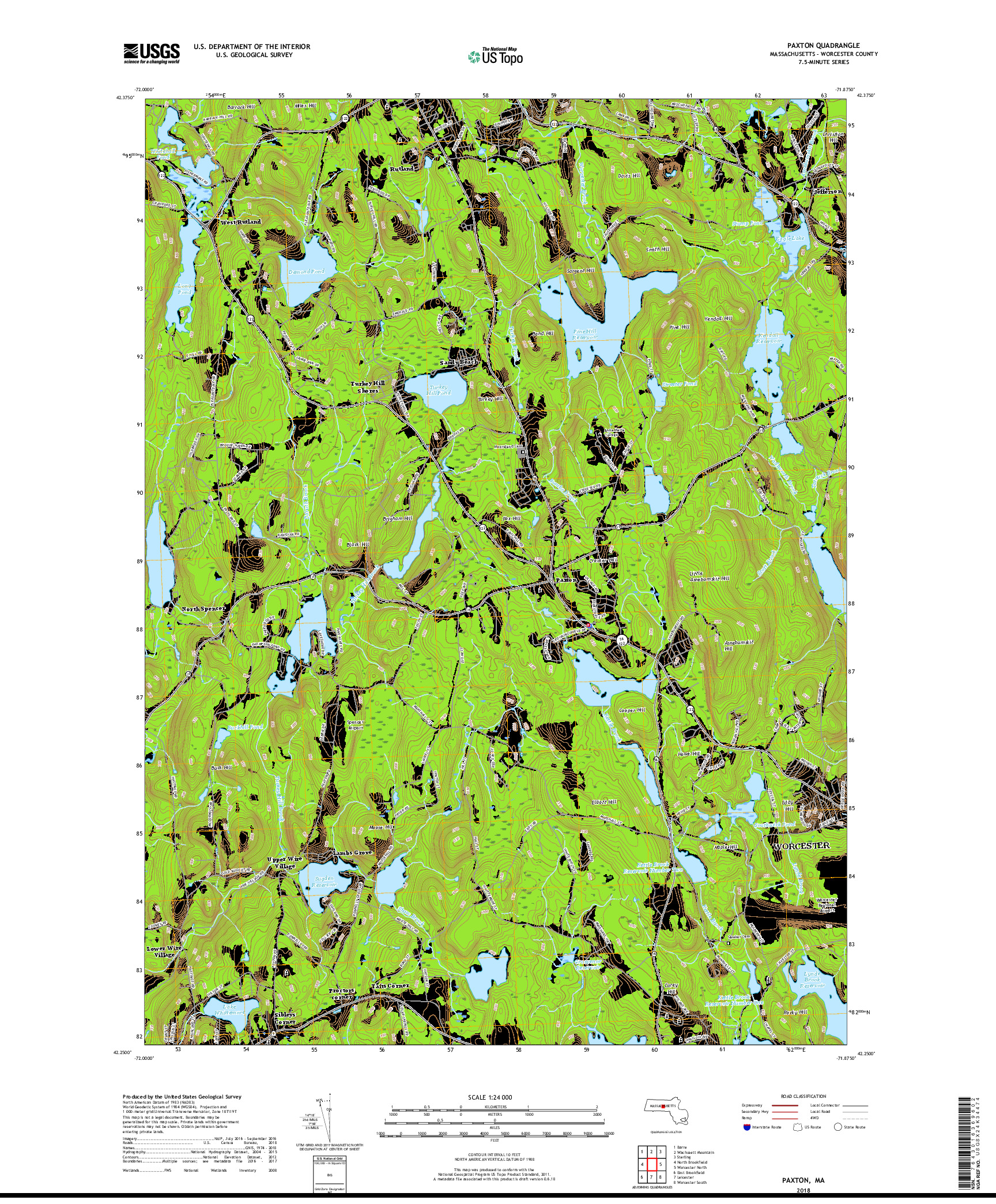 USGS US TOPO 7.5-MINUTE MAP FOR PAXTON, MA 2018