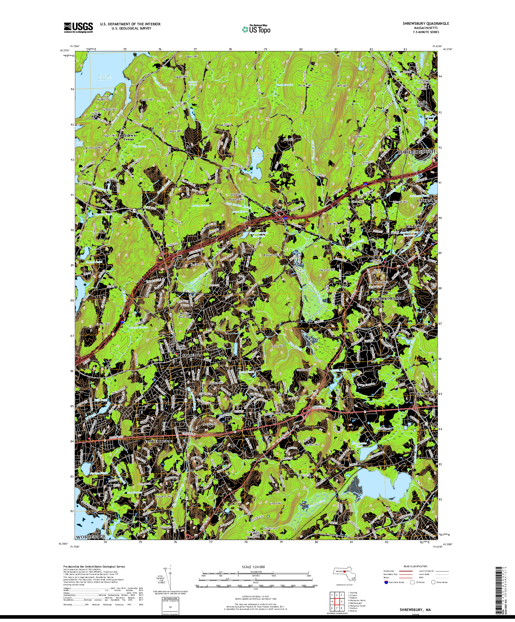 USGS US TOPO 7.5-MINUTE MAP FOR SHREWSBURY, MA 2018