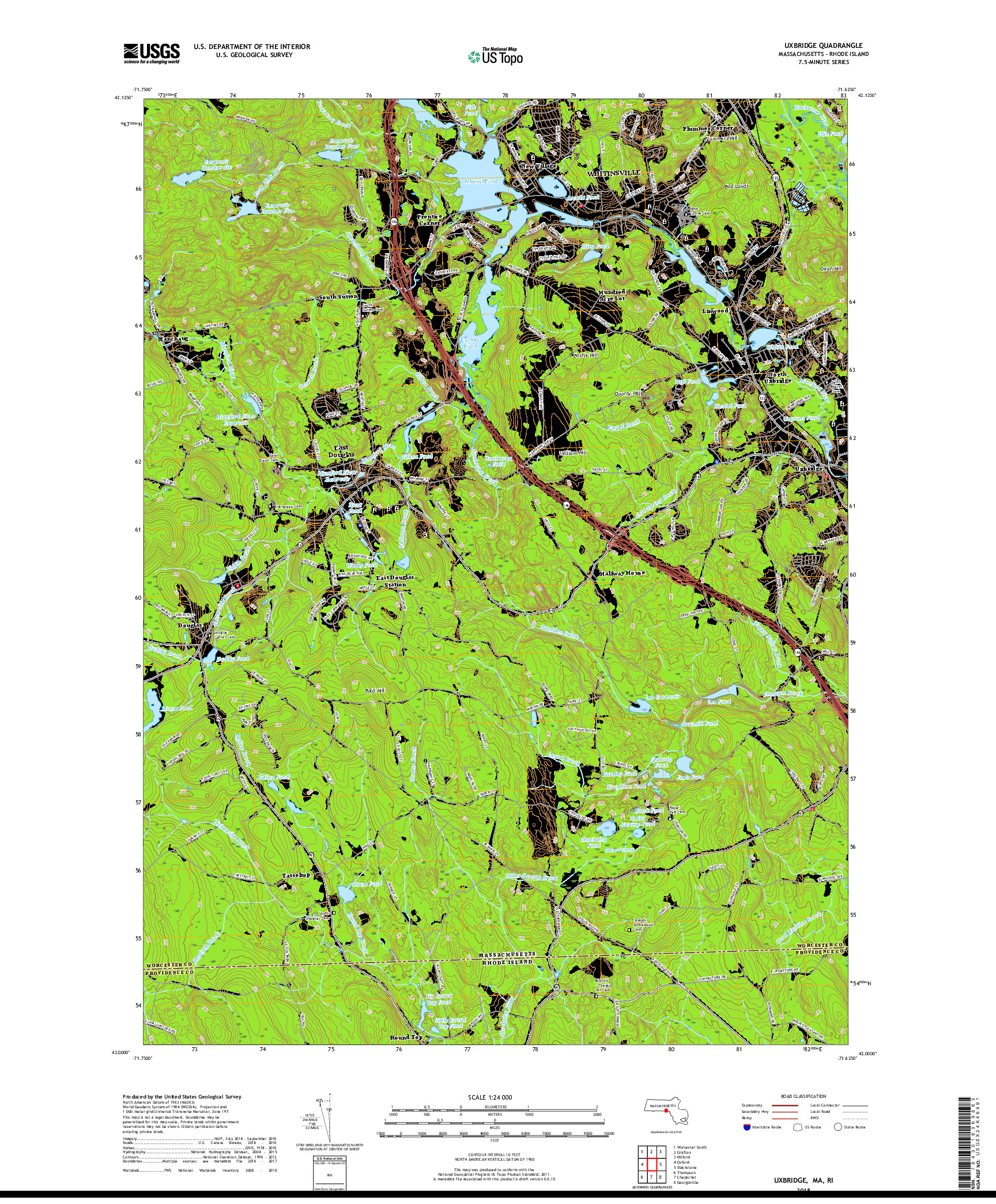 USGS US TOPO 7.5-MINUTE MAP FOR UXBRIDGE, MA,RI 2018