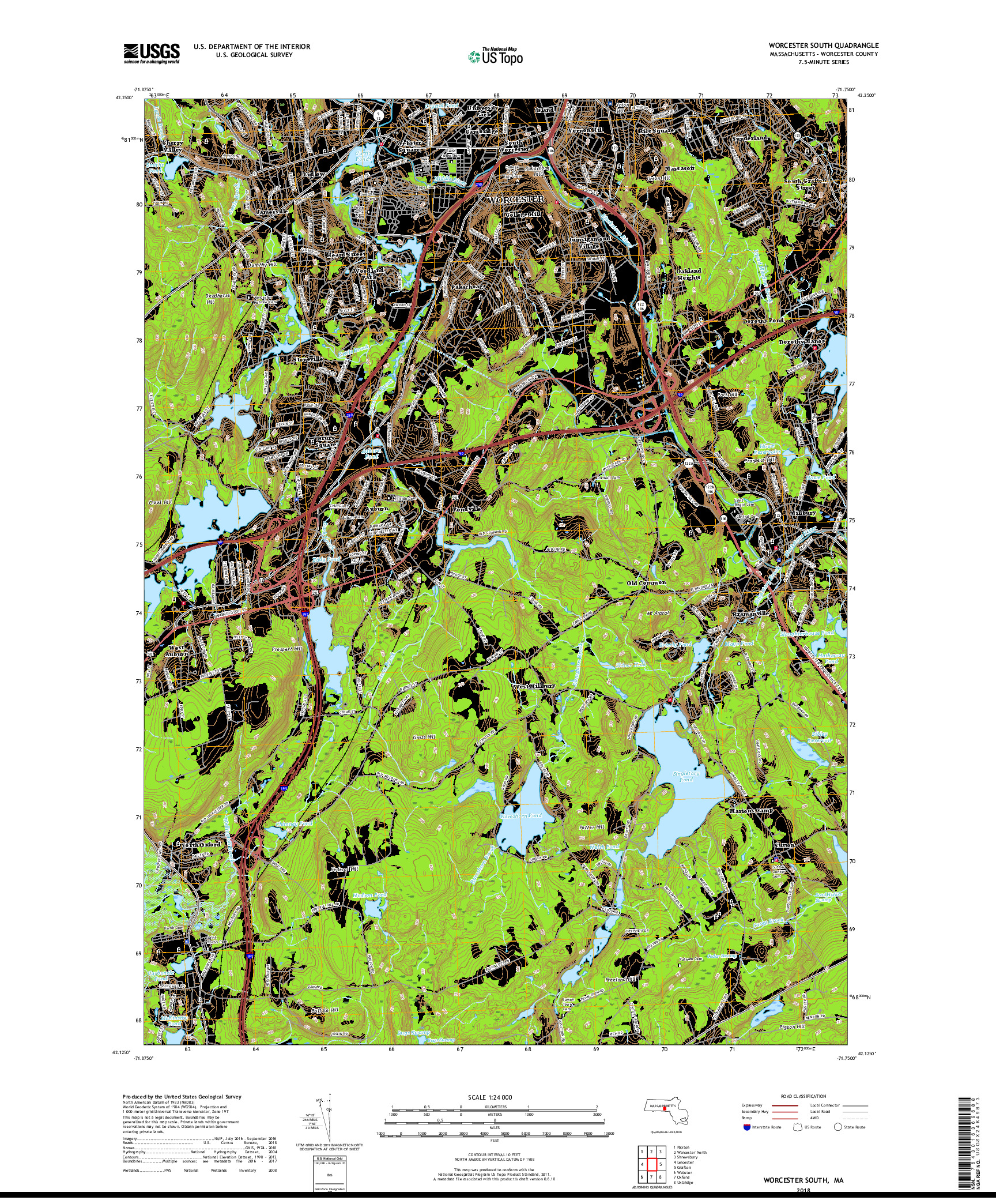 USGS US TOPO 7.5-MINUTE MAP FOR WORCESTER SOUTH, MA 2018