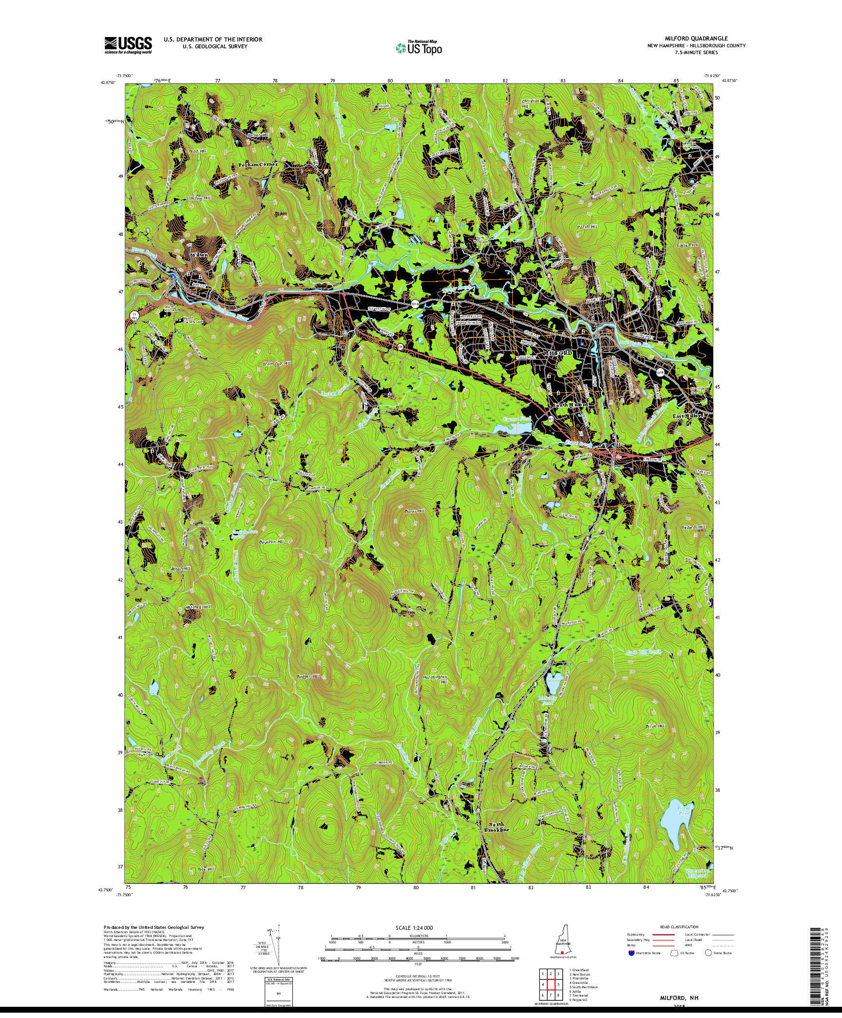 USGS US TOPO 7.5-MINUTE MAP FOR MILFORD, NH 2018