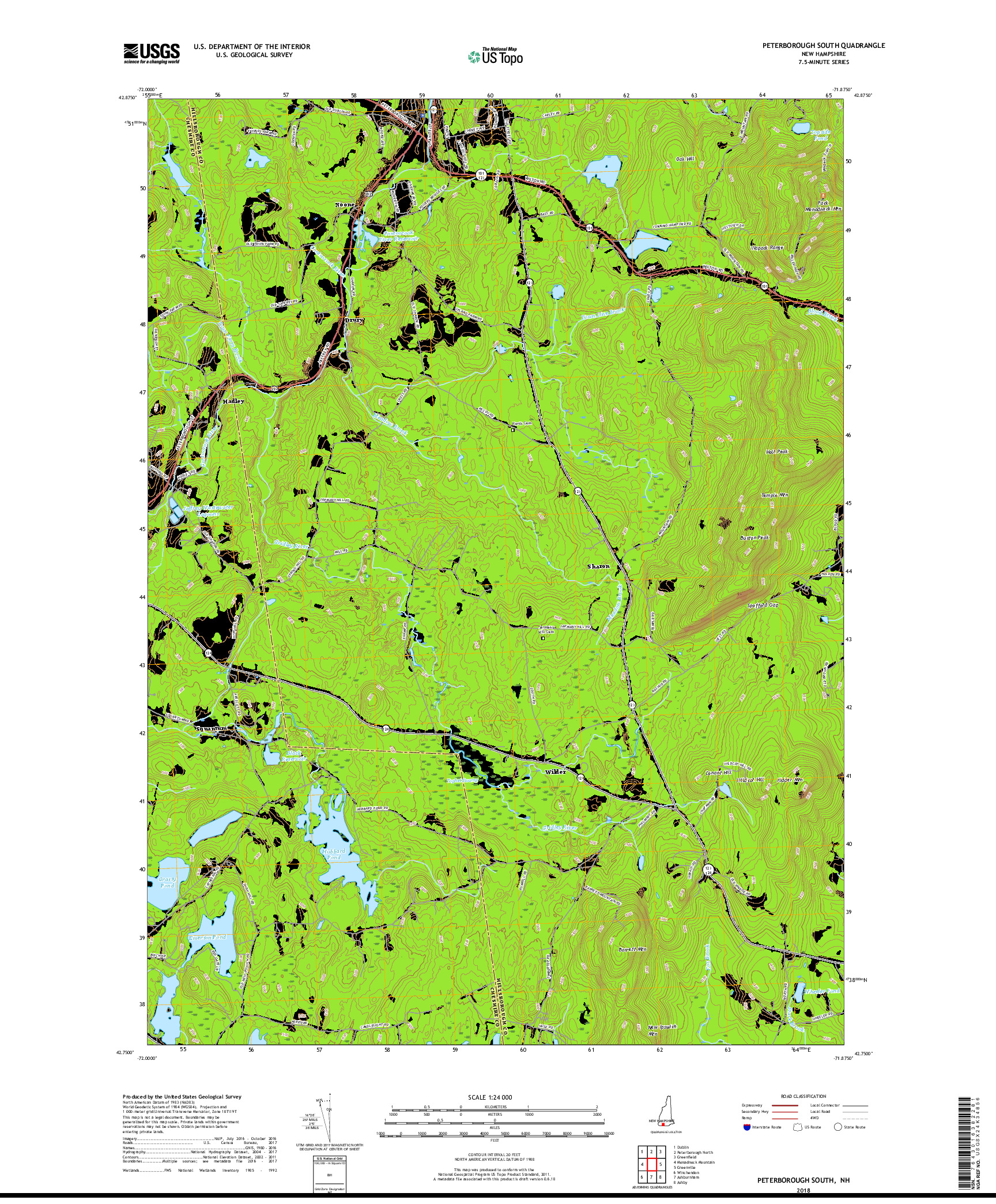 USGS US TOPO 7.5-MINUTE MAP FOR PETERBOROUGH SOUTH, NH 2018